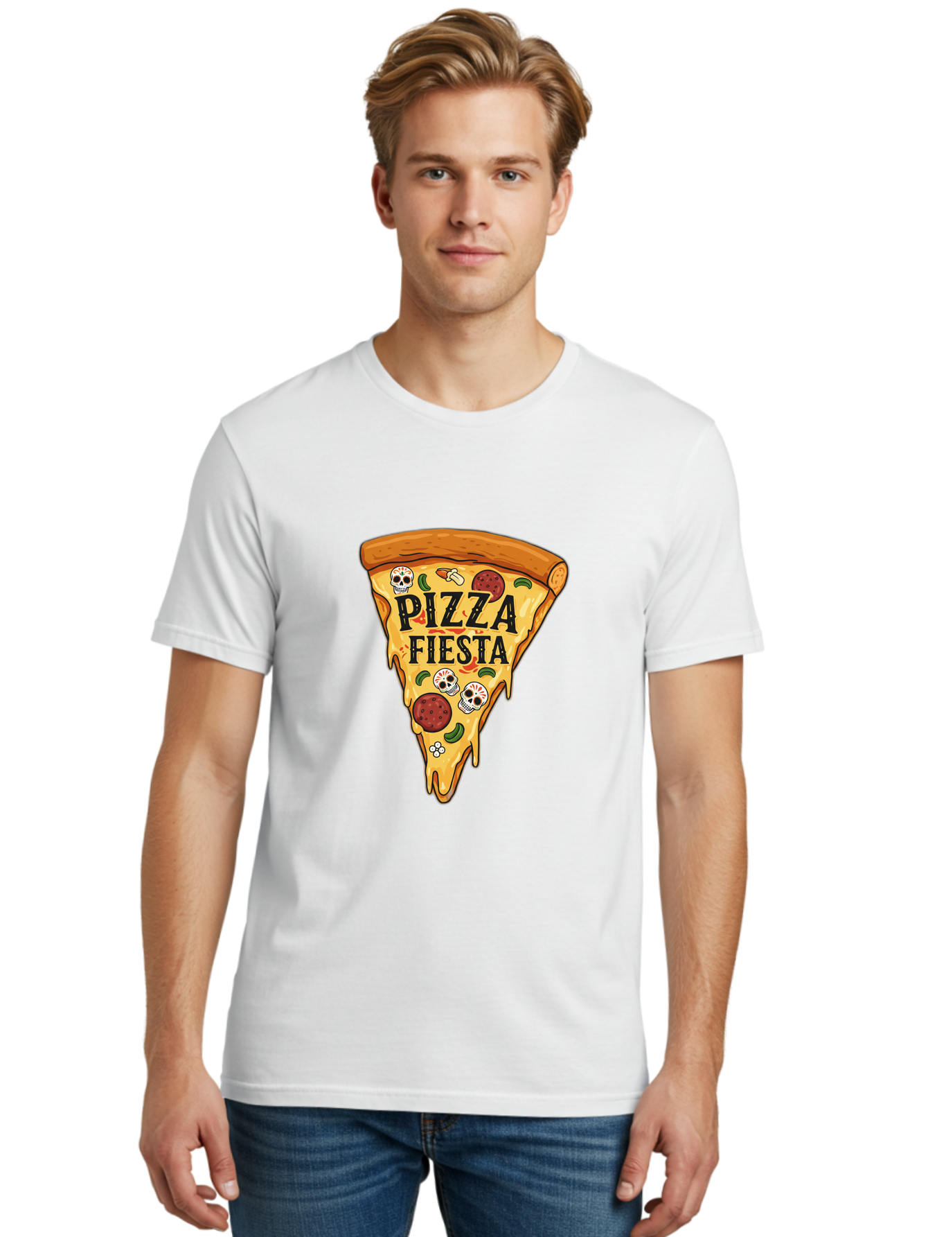 Pizza-Fiesta Men'S Graphic Tee, 100% Cotton, Comfortable Casual Summer Wear, Machine Washable, Pizza Slice, Melted Cheese, Pepperoni Topping, Jalapeno Peppers, Skull Decoration, Fiesta Theme, Cartoon Style, Savory Food, Spicy Pizza, Bac264 16
