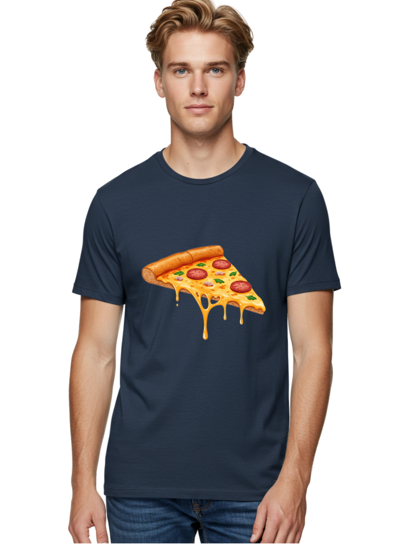 Pizza-Slice-19 Men'S Graphic Tee, 100% Cotton, Comfortable Casual Summer Wear, Machine Washable, Pepperoni Pizza Slice, Melted Cheese, Gooey Cheese, Pepperoni, Basil, Italian Food, Pizza Lover, Cheesy Goodness, Savory Delight, Foodie, Bac279 19