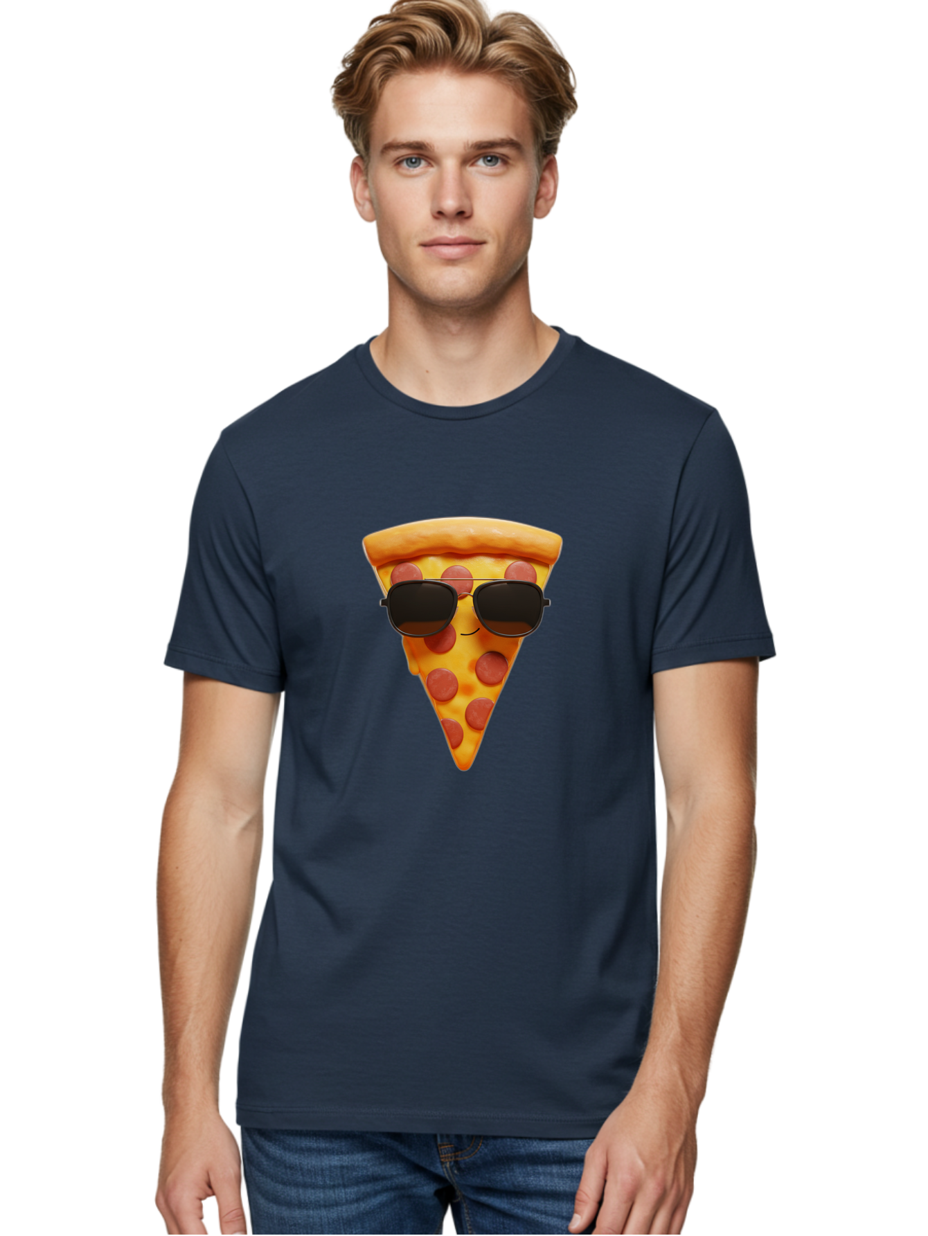 Pizza-Slice-With-Sunglasses-1 Men'S Graphic Tee, 100% Cotton, Comfortable Casual Summer Wear, Machine Washable, Pepperoni Pizza Slice, Cool Pizza, Sunglasses, Smiley Face, Cartoon Character, Funny Food, Playful Illustration, Casual Dining, Bac312 25