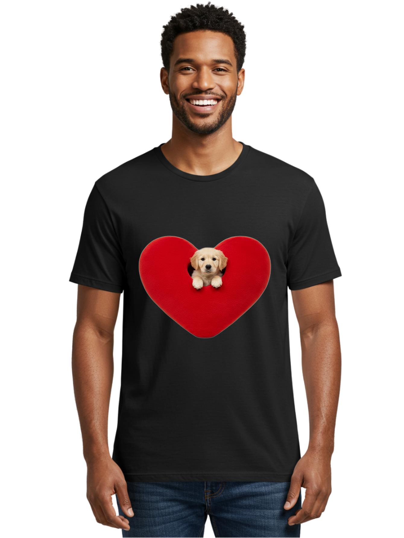 Puppy-In-Heart Men'S Graphic Tee, 100% Cotton, Comfortable Casual Summer Wear, Machine Washable, Adorable Puppy, Golden Retriever, Cute Dog, Heart Shape, Love Symbol, Heartwarming Scene, Playful Pup, Furry Friend, Heart Cutout Bac348 26