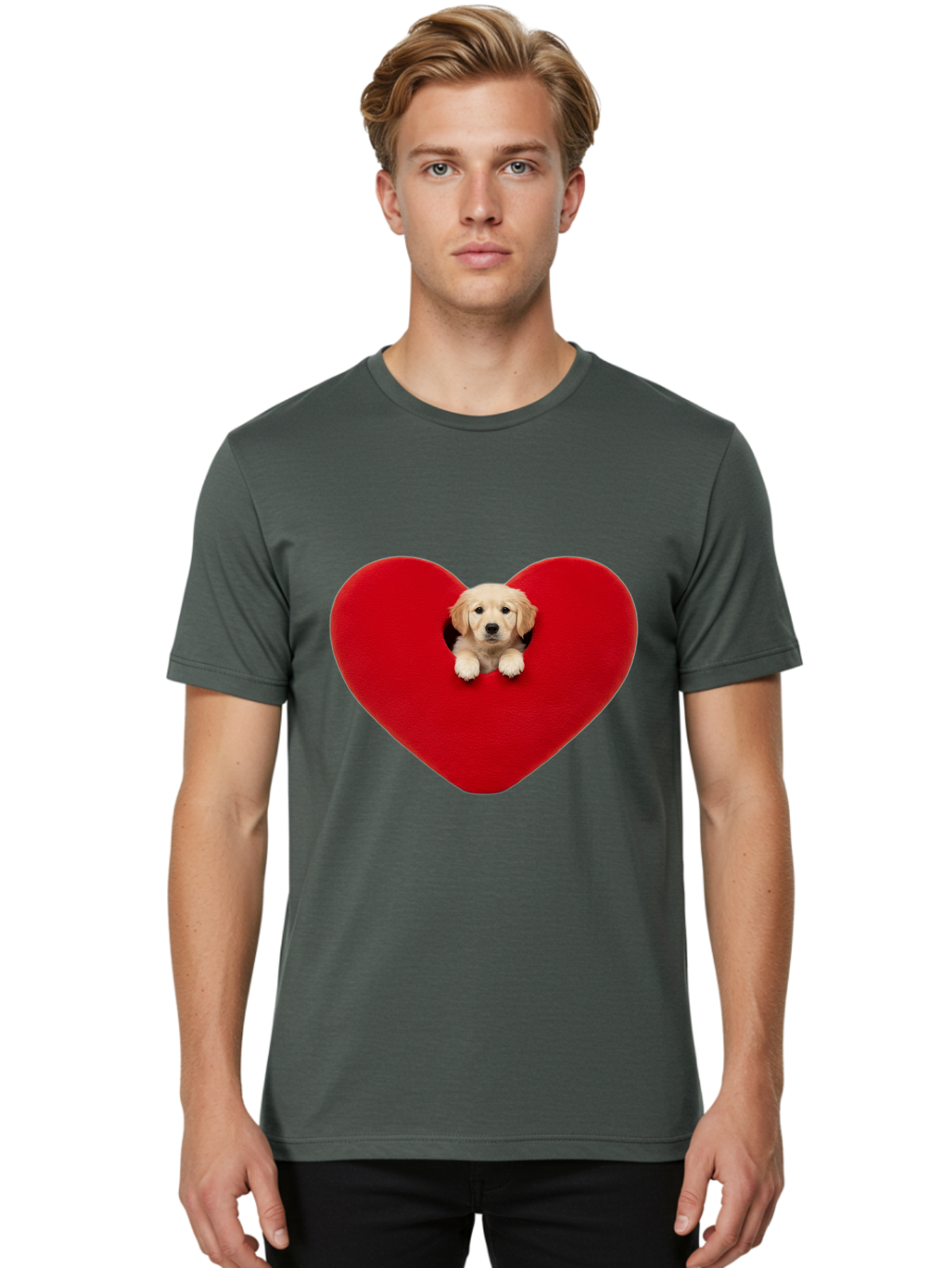 Puppy-In-Heart Men'S Graphic Tee, 100% Cotton, Comfortable Casual Summer Wear, Machine Washable, Adorable Puppy, Golden Retriever, Cute Dog, Heart Shape, Love Symbol, Heartwarming Scene, Playful Pup, Furry Friend, Heart Cutout Bac348 28