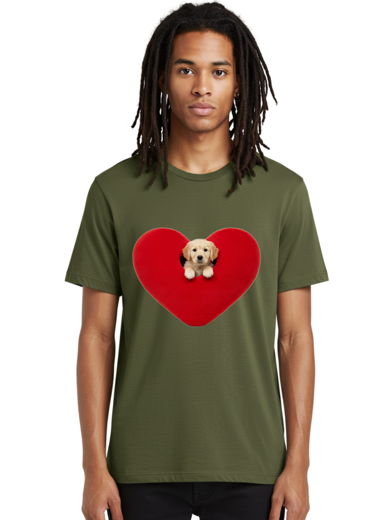 Puppy-In-Heart Men'S Graphic Tee, 100% Cotton, Comfortable Casual Summer Wear, Machine Washable, Adorable Puppy, Golden Retriever, Cute Dog, Heart Shape, Love Symbol, Heartwarming Scene, Playful Pup, Furry Friend, Heart Cutout Bac348 27