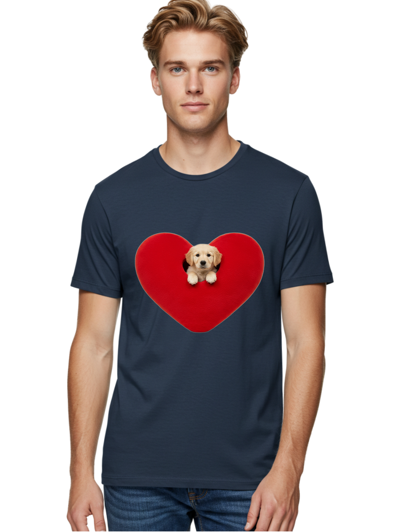 Puppy-In-Heart Men'S Graphic Tee, 100% Cotton, Comfortable Casual Summer Wear, Machine Washable, Adorable Puppy, Golden Retriever, Cute Dog, Heart Shape, Love Symbol, Heartwarming Scene, Playful Pup, Furry Friend, Heart Cutout Bac348 16