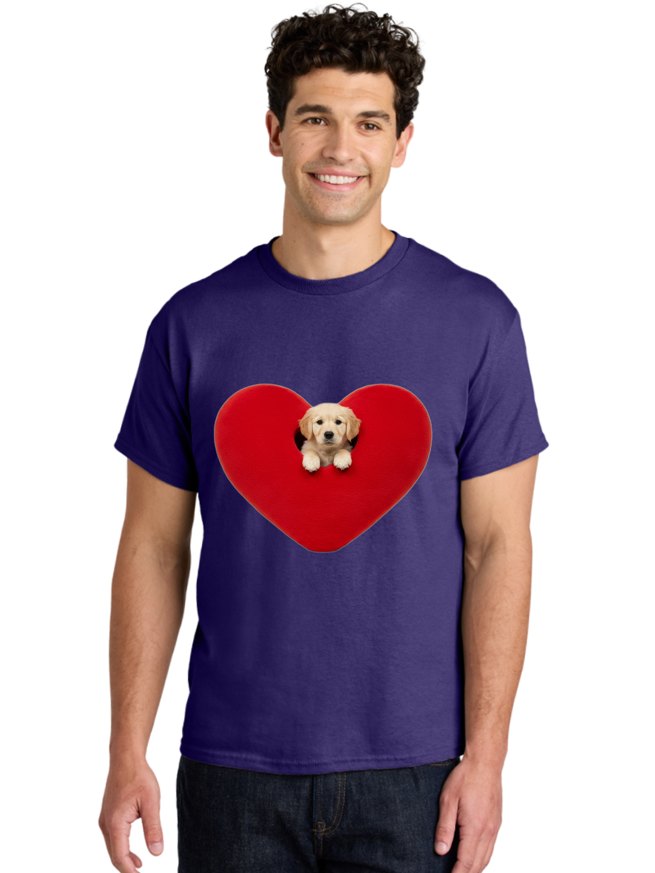 Puppy-In-Heart Men'S Graphic Tee, 100% Cotton, Comfortable Casual Summer Wear, Machine Washable, Adorable Puppy, Golden Retriever, Cute Dog, Heart Shape, Love Symbol, Heartwarming Scene, Playful Pup, Furry Friend, Heart Cutout Bac348 23