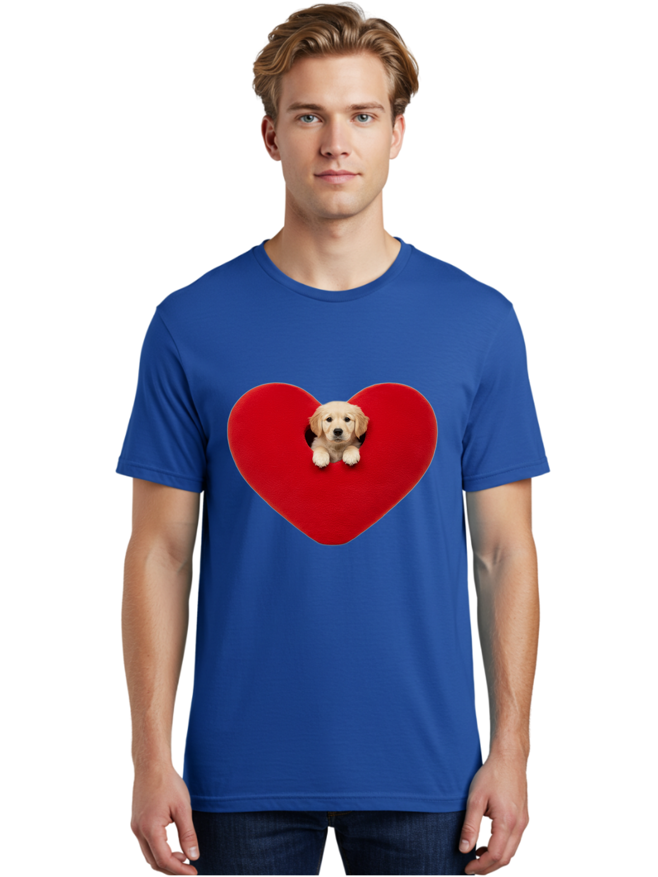 Puppy-In-Heart Men'S Graphic Tee, 100% Cotton, Comfortable Casual Summer Wear, Machine Washable, Adorable Puppy, Golden Retriever, Cute Dog, Heart Shape, Love Symbol, Heartwarming Scene, Playful Pup, Furry Friend, Heart Cutout Bac348 19