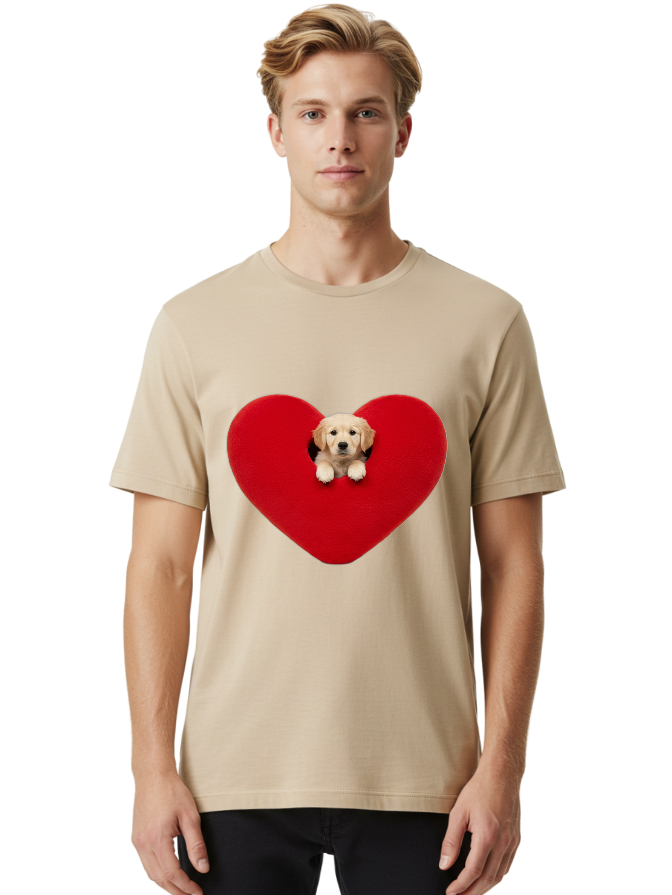 Puppy-In-Heart Men'S Graphic Tee, 100% Cotton, Comfortable Casual Summer Wear, Machine Washable, Adorable Puppy, Golden Retriever, Cute Dog, Heart Shape, Love Symbol, Heartwarming Scene, Playful Pup, Furry Friend, Heart Cutout Bac348 17