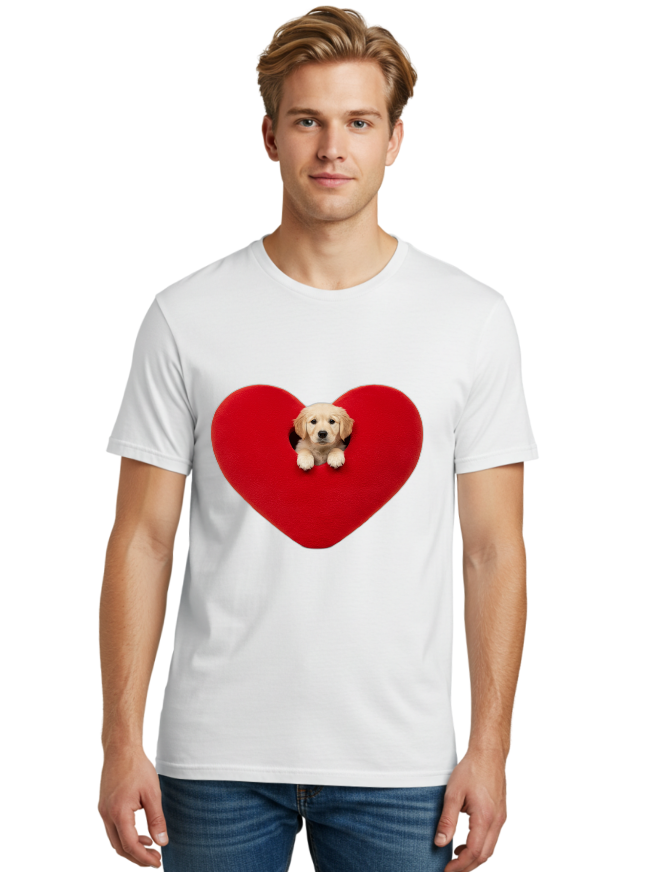 Puppy-In-Heart Men'S Graphic Tee, 100% Cotton, Comfortable Casual Summer Wear, Machine Washable, Adorable Puppy, Golden Retriever, Cute Dog, Heart Shape, Love Symbol, Heartwarming Scene, Playful Pup, Furry Friend, Heart Cutout Bac348 25