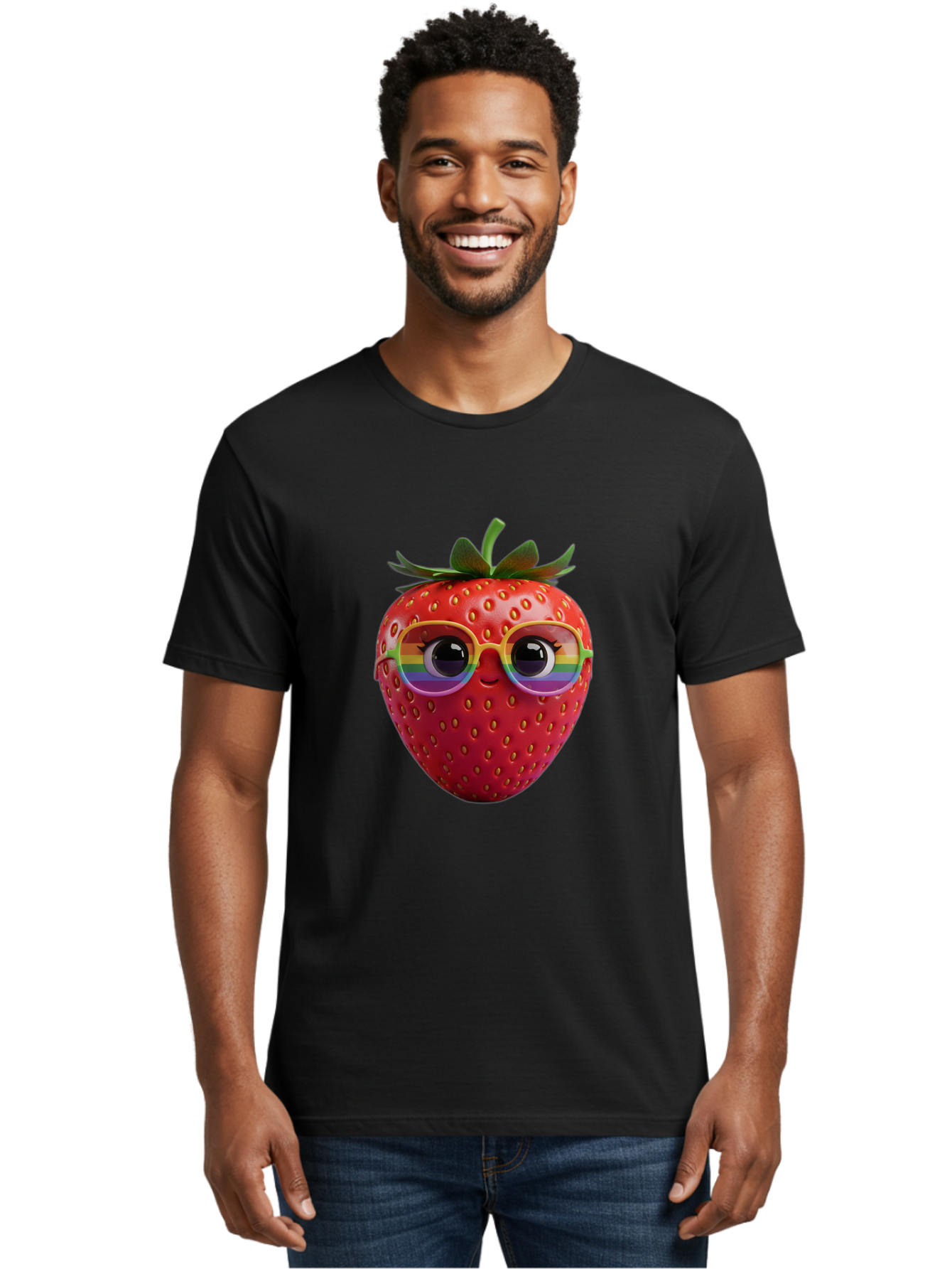 Rainbow-Strawberry Men'S Graphic Tee, 100% Cotton, Comfortable Casual Summer Wear, Machine Washable, Strawberry With Glasses, Rainbow Reflection, Cute Cartoon Character, Fun Fruit, Vibrant Colors, Playful Design, Summer Vibes, Sweet Treat, Bac360 28