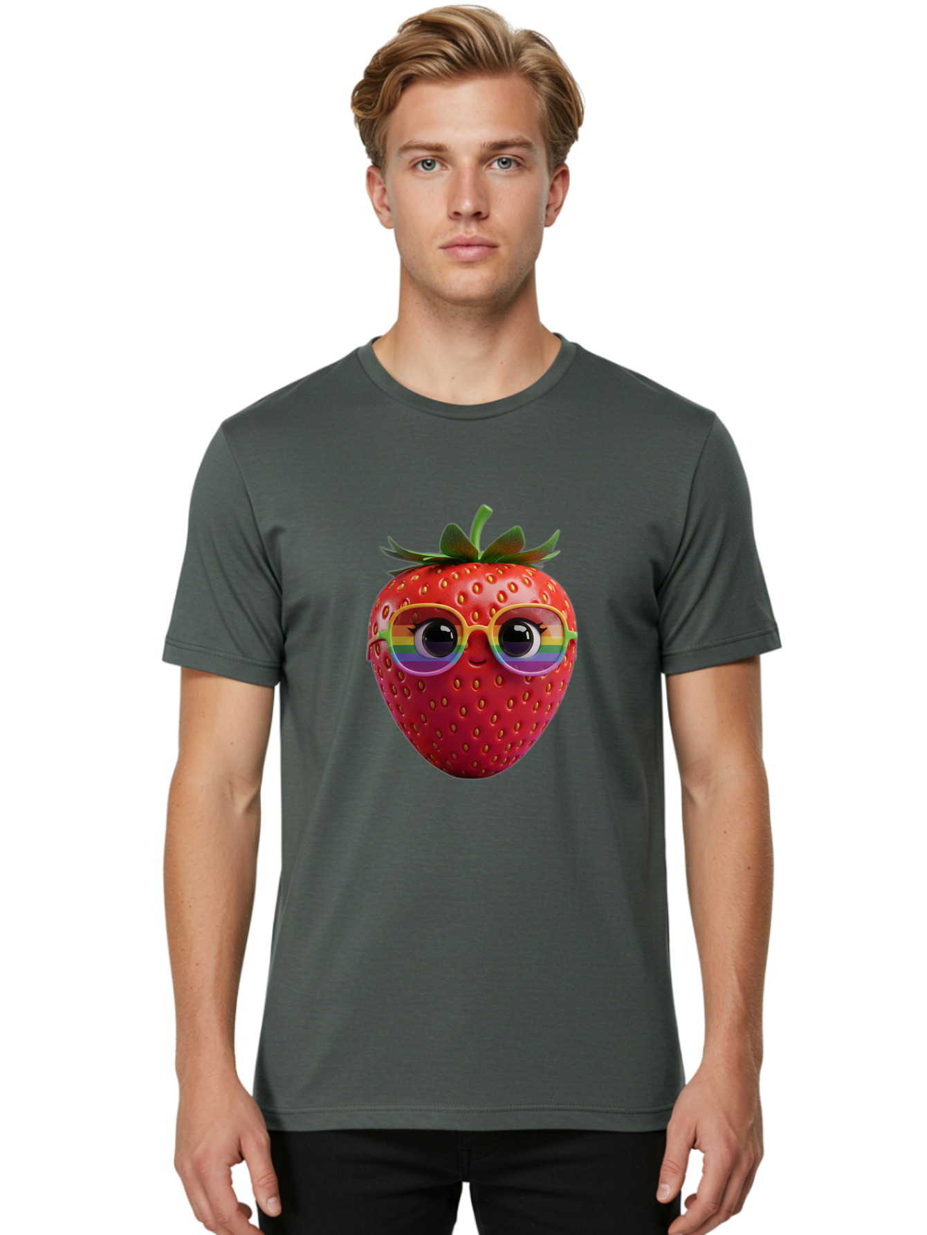 Rainbow-Strawberry Men'S Graphic Tee, 100% Cotton, Comfortable Casual Summer Wear, Machine Washable, Strawberry With Glasses, Rainbow Reflection, Cute Cartoon Character, Fun Fruit, Vibrant Colors, Playful Design, Summer Vibes, Sweet Treat, Bac360 25