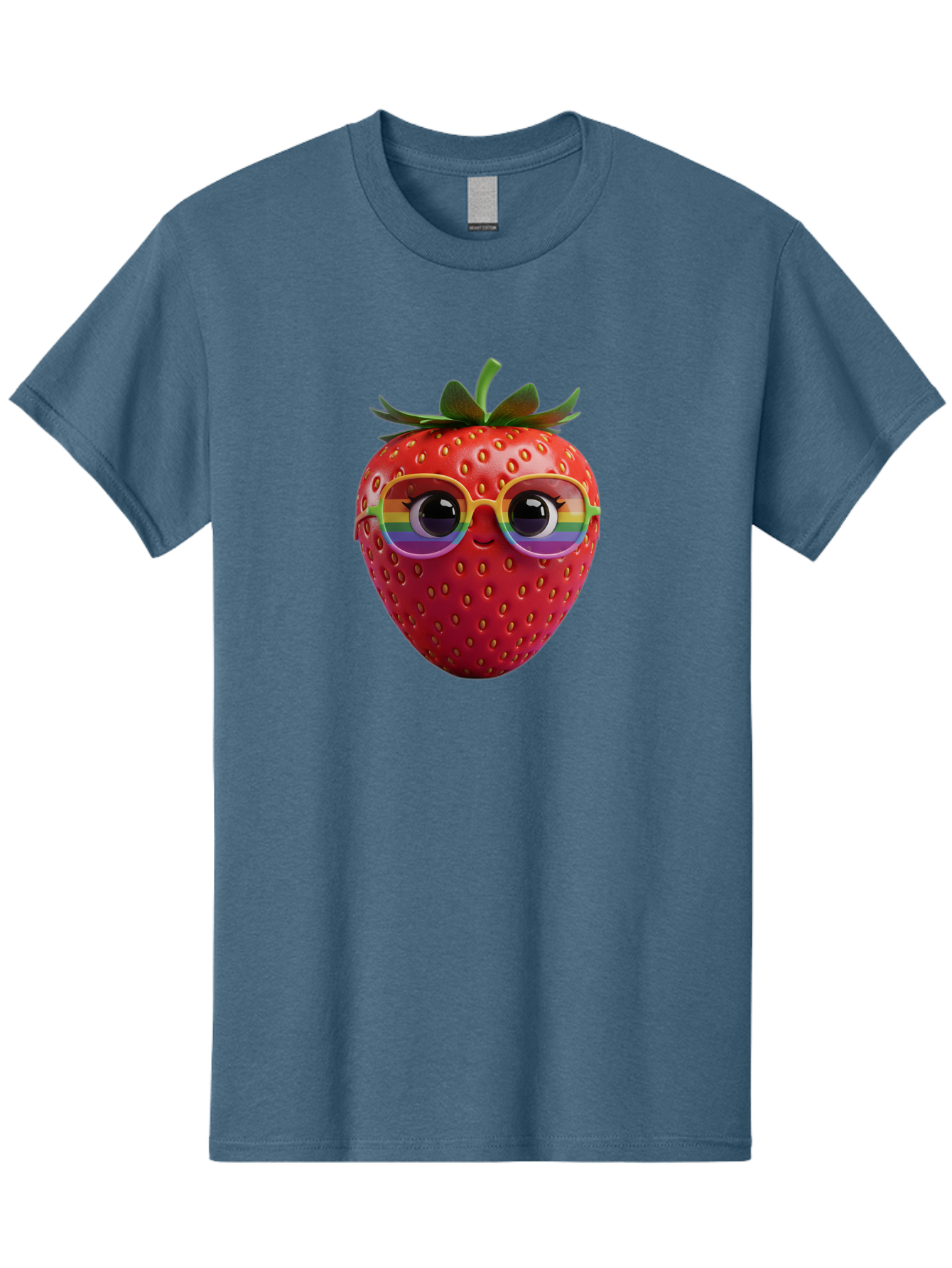 Rainbow-Strawberry Men'S Graphic Tee, 100% Cotton, Comfortable Casual Summer Wear, Machine Washable, Strawberry With Glasses, Rainbow Reflection, Cute Cartoon Character, Fun Fruit, Vibrant Colors, Playful Design, Summer Vibes, Sweet Treat, Bac360 5