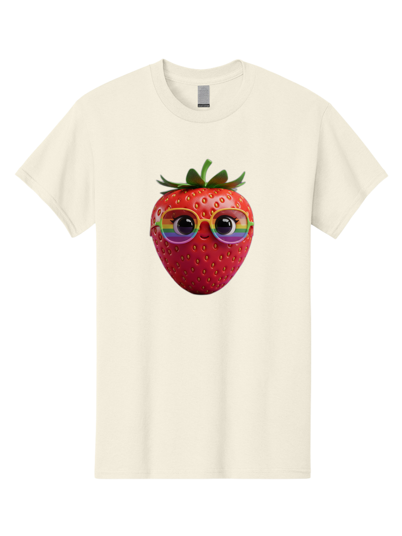 Rainbow-Strawberry Men'S Graphic Tee, 100% Cotton, Comfortable Casual Summer Wear, Machine Washable, Strawberry With Glasses, Rainbow Reflection, Cute Cartoon Character, Fun Fruit, Vibrant Colors, Playful Design, Summer Vibes, Sweet Treat, Bac360 15