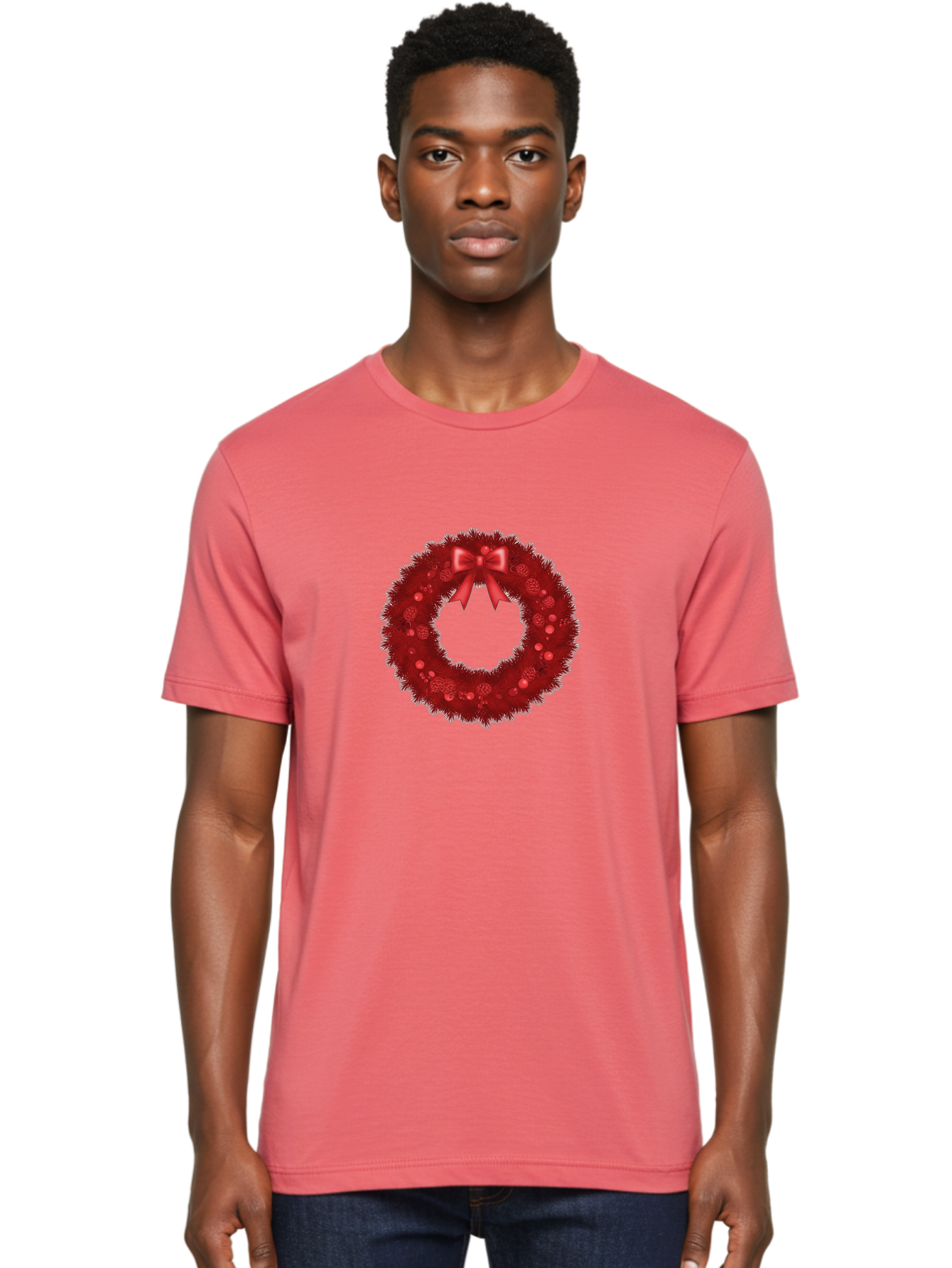 Red-Christmas-Wreath Men'S Graphic Tee, 100% Cotton, Comfortable Casual Summer Wear, Machine Washable, Christmas Wreath, Red Decorations, Festive Holiday Decor, Tinsel And Ornaments, Red Ribbon Bow, Pinecones, Seasonal Celebration, Bac362 21