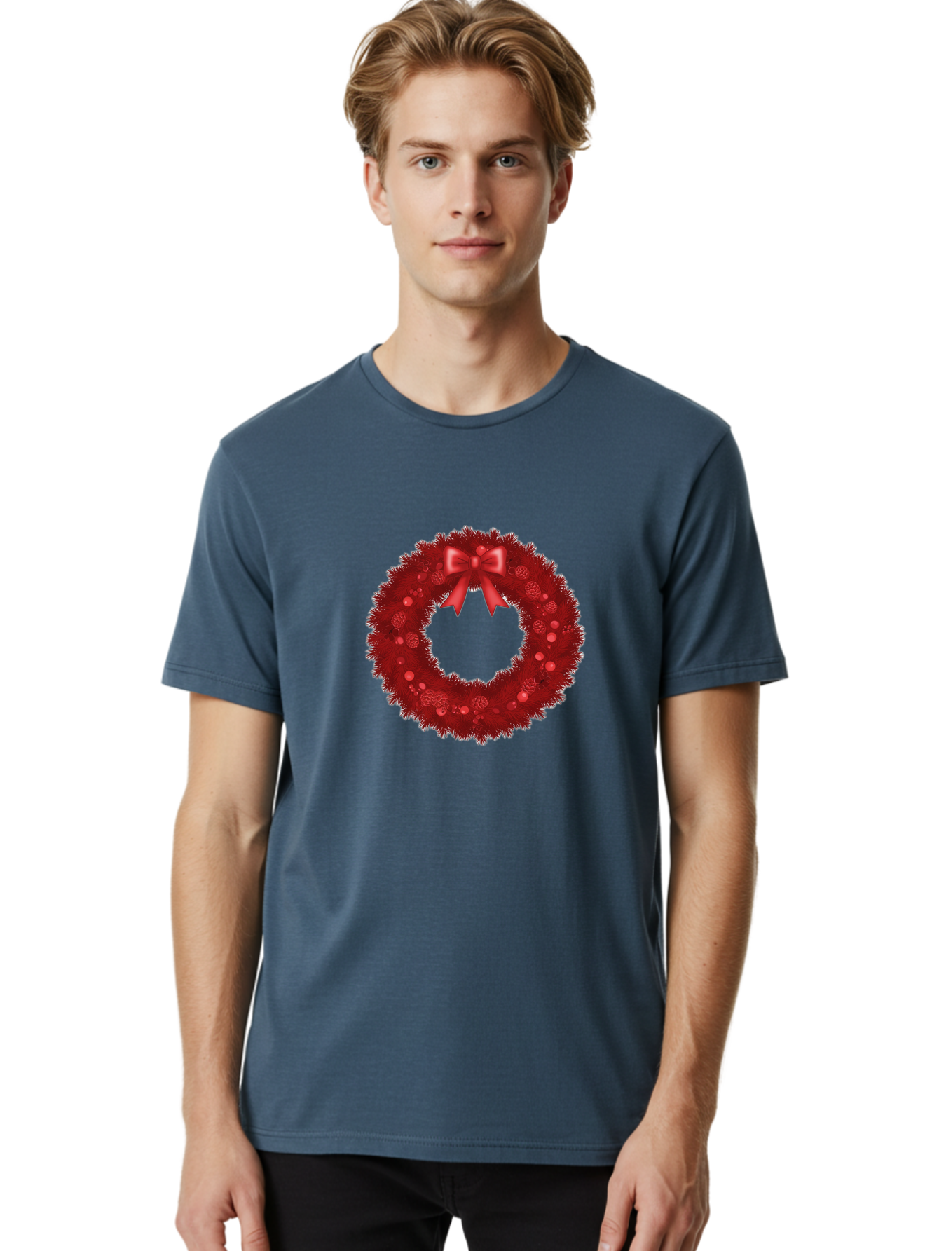 Red-Christmas-Wreath Men'S Graphic Tee, 100% Cotton, Comfortable Casual Summer Wear, Machine Washable, Christmas Wreath, Red Decorations, Festive Holiday Decor, Tinsel And Ornaments, Red Ribbon Bow, Pinecones, Seasonal Celebration, Bac362 27