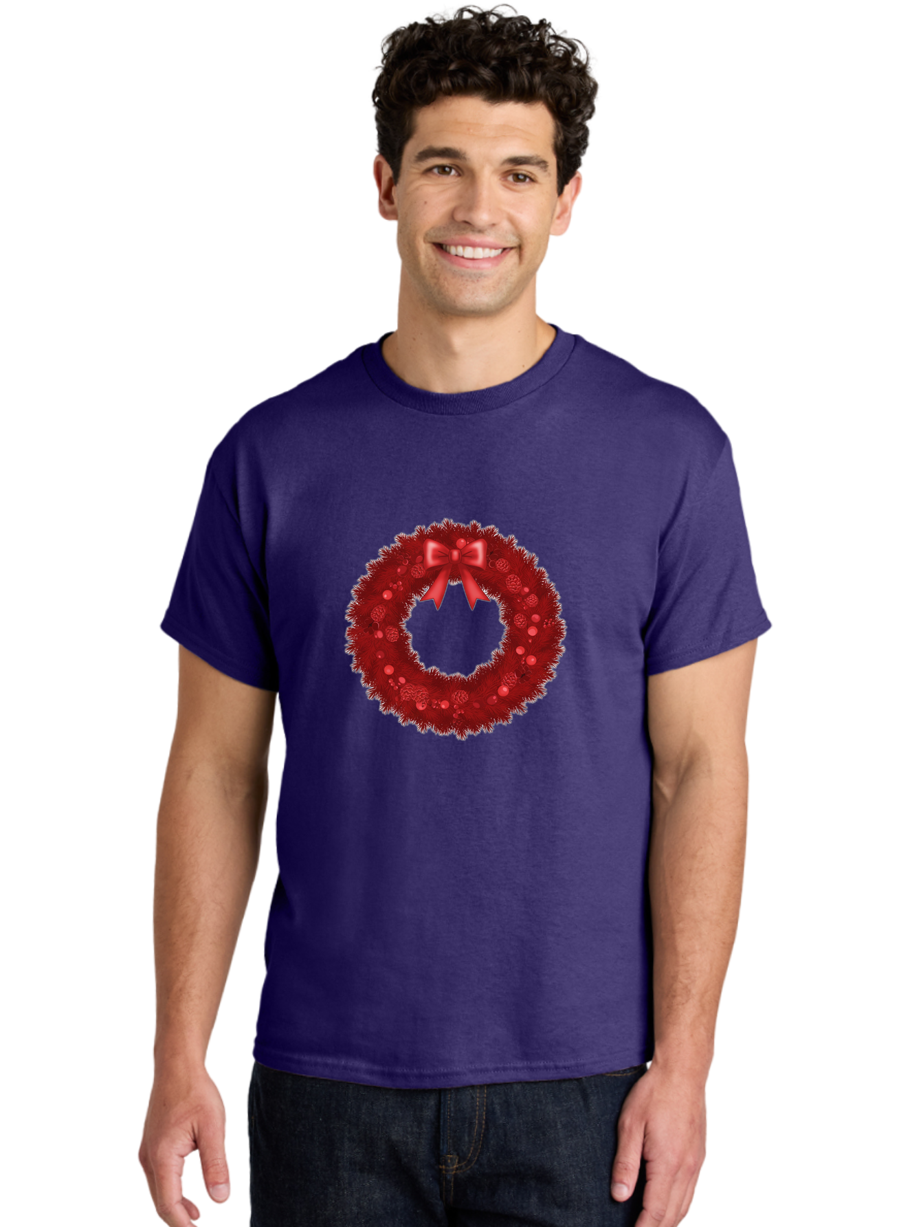 Red-Christmas-Wreath Men'S Graphic Tee, 100% Cotton, Comfortable Casual Summer Wear, Machine Washable, Christmas Wreath, Red Decorations, Festive Holiday Decor, Tinsel And Ornaments, Red Ribbon Bow, Pinecones, Seasonal Celebration, Bac362 28