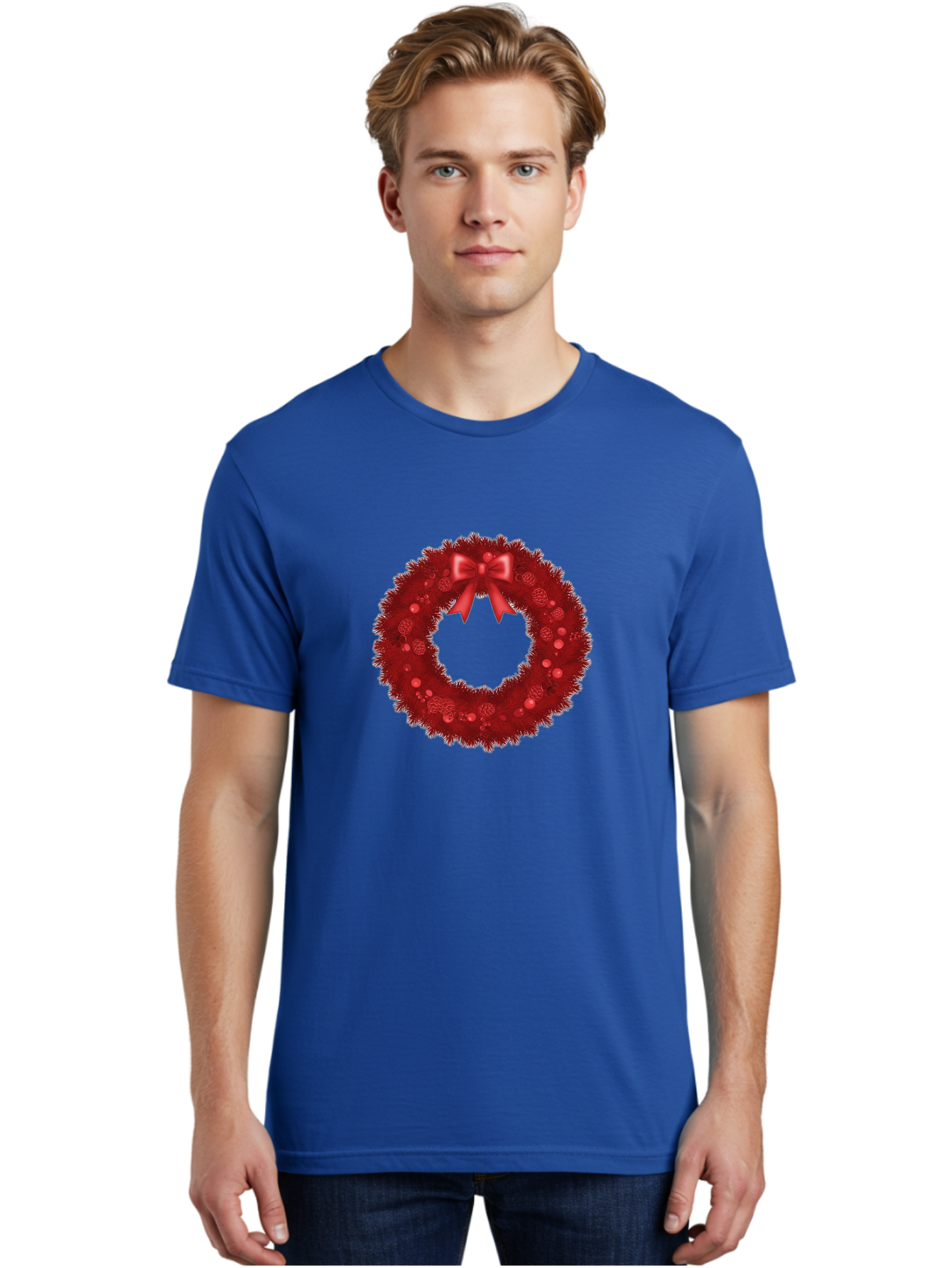 Red-Christmas-Wreath Men'S Graphic Tee, 100% Cotton, Comfortable Casual Summer Wear, Machine Washable, Christmas Wreath, Red Decorations, Festive Holiday Decor, Tinsel And Ornaments, Red Ribbon Bow, Pinecones, Seasonal Celebration, Bac362 23