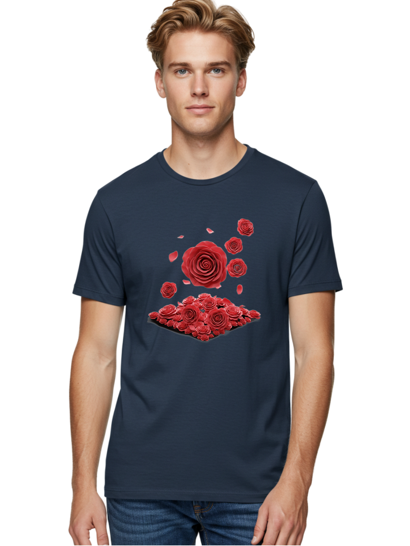 Red-Roses-1 Men'S Graphic Tee, 100% Cotton, Comfortable Casual Summer Wear, Machine Washable, Red Roses, Falling Flowers, Floral Arrangement, Rose Petals, Romantic Gesture, Love Symbol, Beautiful Blooms, Flower Power Bac365 25