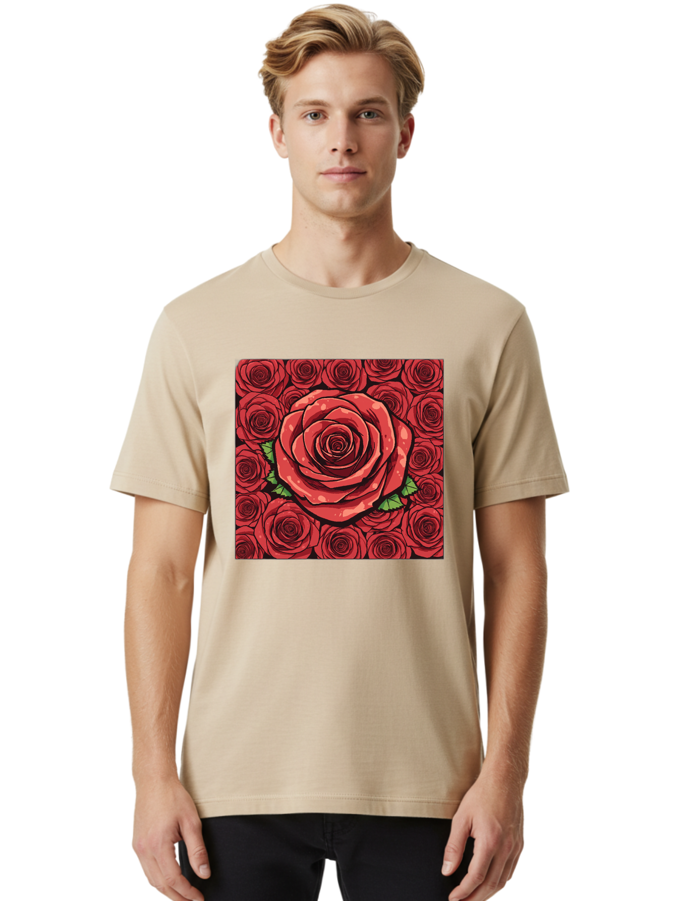 Red-Roses Men'S Graphic Tee, 100% Cotton, Comfortable Casual Summer Wear, Machine Washable, Red Roses, Floral Pattern, Love Symbol, Romance, Beauty, Flowers, Vibrant Petals, Green Leaves, Pop Art Design, Bold Graphics Bac366 30