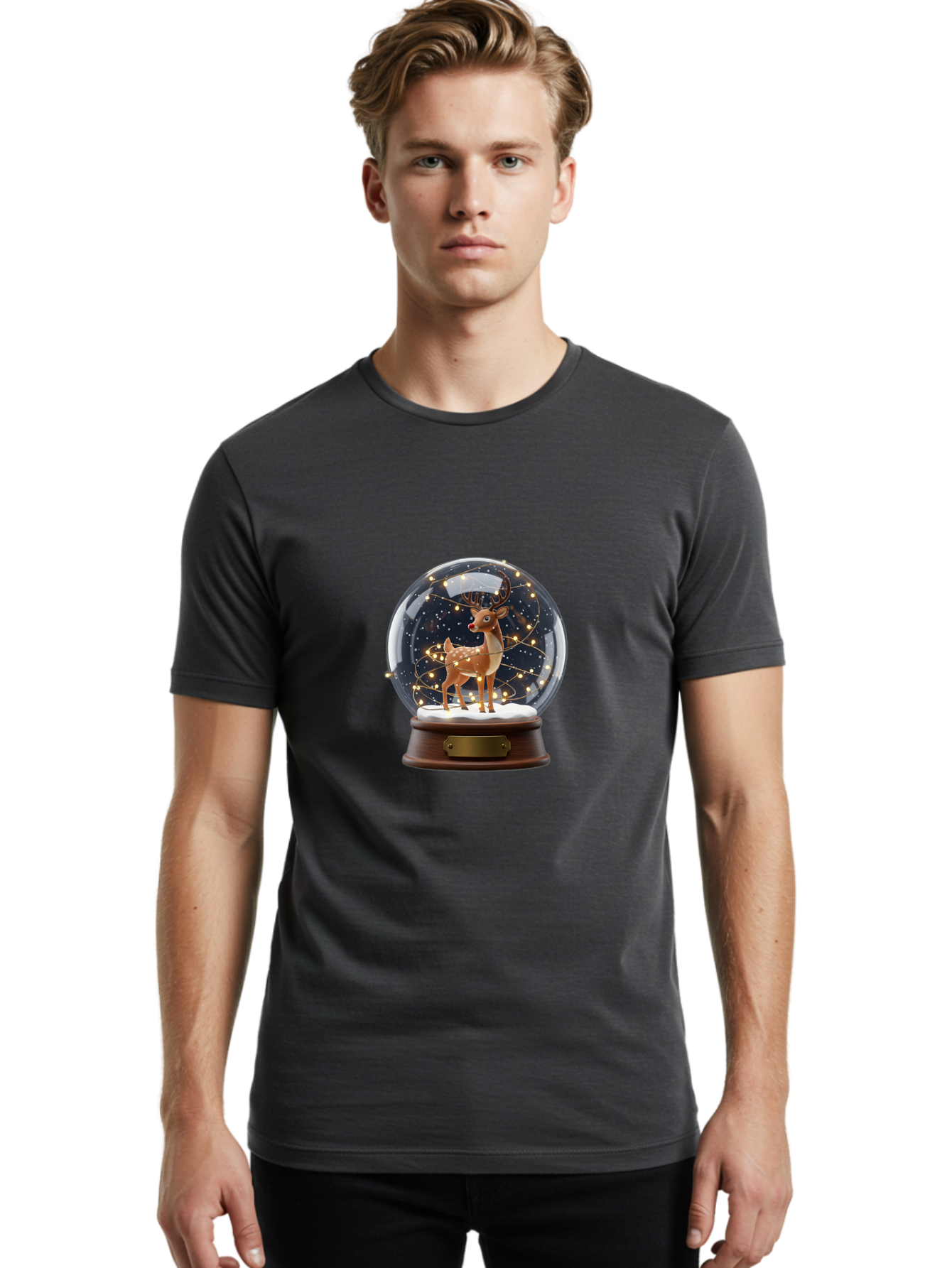 Reindeer-Snow-Globe Men'S Graphic Tee, 100% Cotton, Comfortable Casual Summer Wear, Machine Washable, Snow Globe With Reindeer And Fawn, Festive Holiday Decor, Magical Winter Scene, Glowing String Lights, Christmas Decoration, Bac368 26