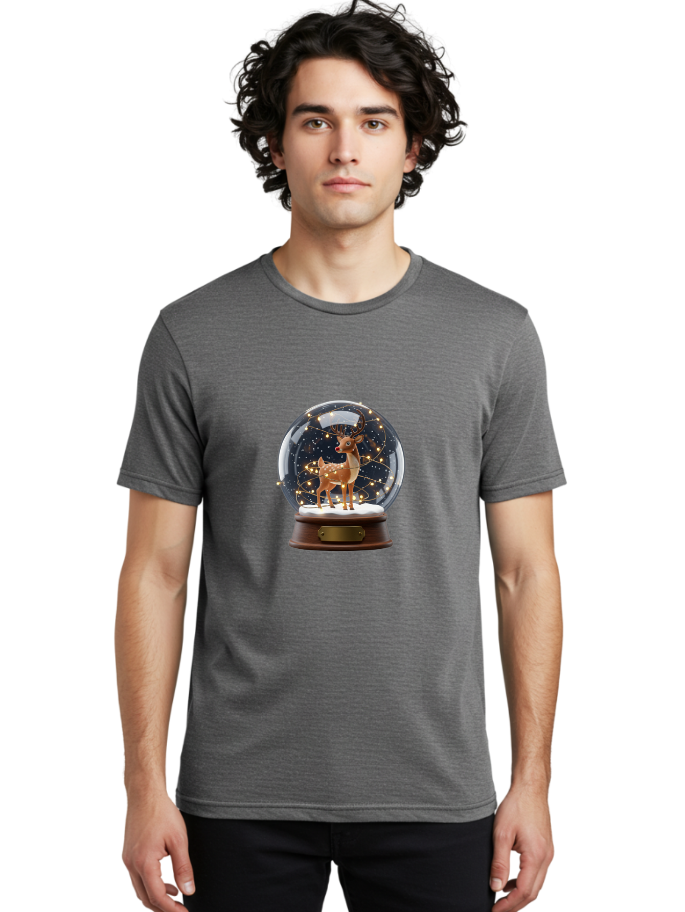 Reindeer-Snow-Globe Men'S Graphic Tee, 100% Cotton, Comfortable Casual Summer Wear, Machine Washable, Snow Globe With Reindeer And Fawn, Festive Holiday Decor, Magical Winter Scene, Glowing String Lights, Christmas Decoration, Bac368 29
