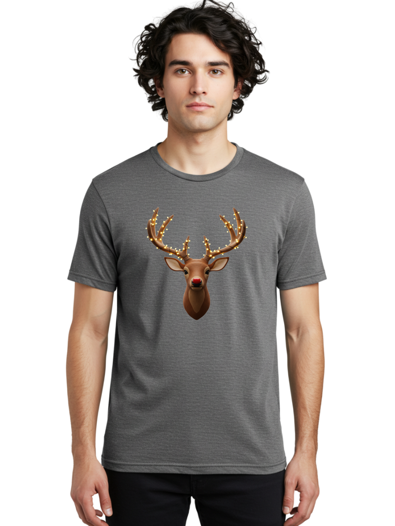 Reindeer-With-Lights Men'S Graphic Tee, 100% Cotton, Comfortable Casual Summer Wear, Machine Washable, Reindeer With Festive Lights, Christmas Decorations, Holiday Symbolism, Rudolph The Red-Nosed Reindeer, Winter Wonderland, Merry Christmas, Bac369 24