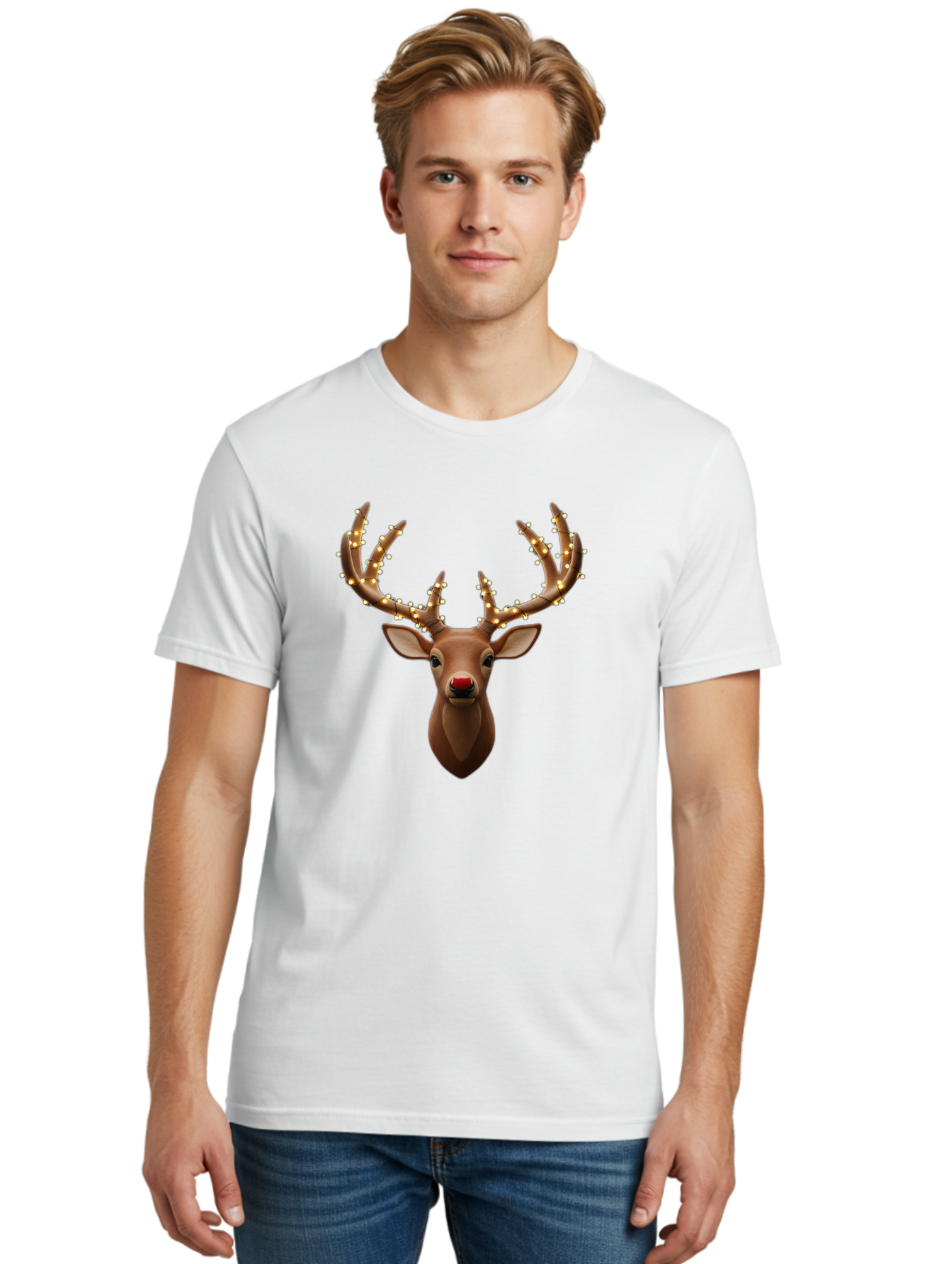 Reindeer-With-Lights Men'S Graphic Tee, 100% Cotton, Comfortable Casual Summer Wear, Machine Washable, Reindeer With Festive Lights, Christmas Decorations, Holiday Symbolism, Rudolph The Red-Nosed Reindeer, Winter Wonderland, Merry Christmas, Bac369 21