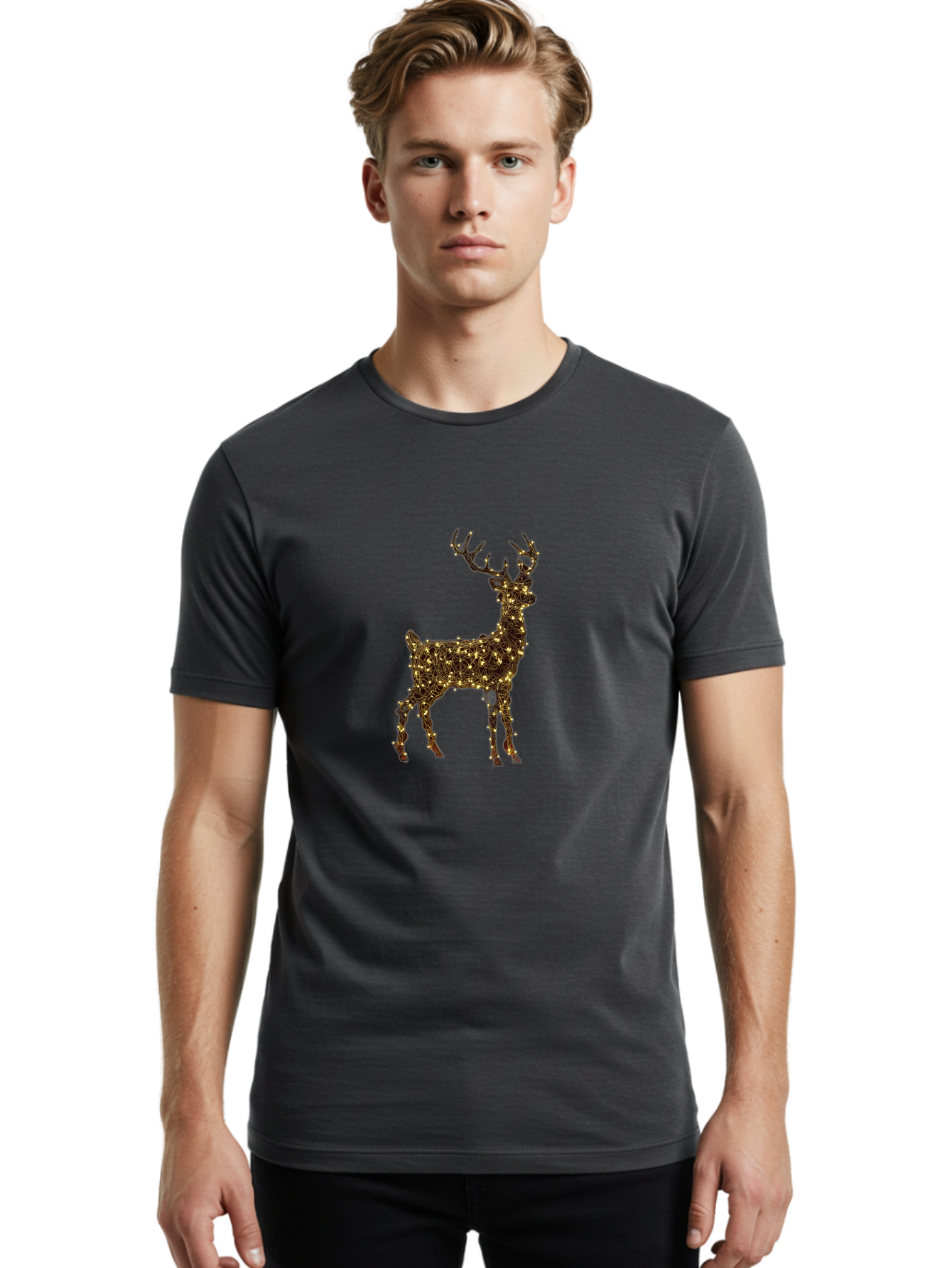Reindeer Men'S Graphic Tee, 100% Cotton, Comfortable Casual Summer Wear, Machine Washable, Reindeer Decoration, Christmas Lights, Festive Decor, Holiday Display, Illuminated Reindeer, Christmas Reindeer, Winter Wonderland, Seasonal Decoration, Bac370 21
