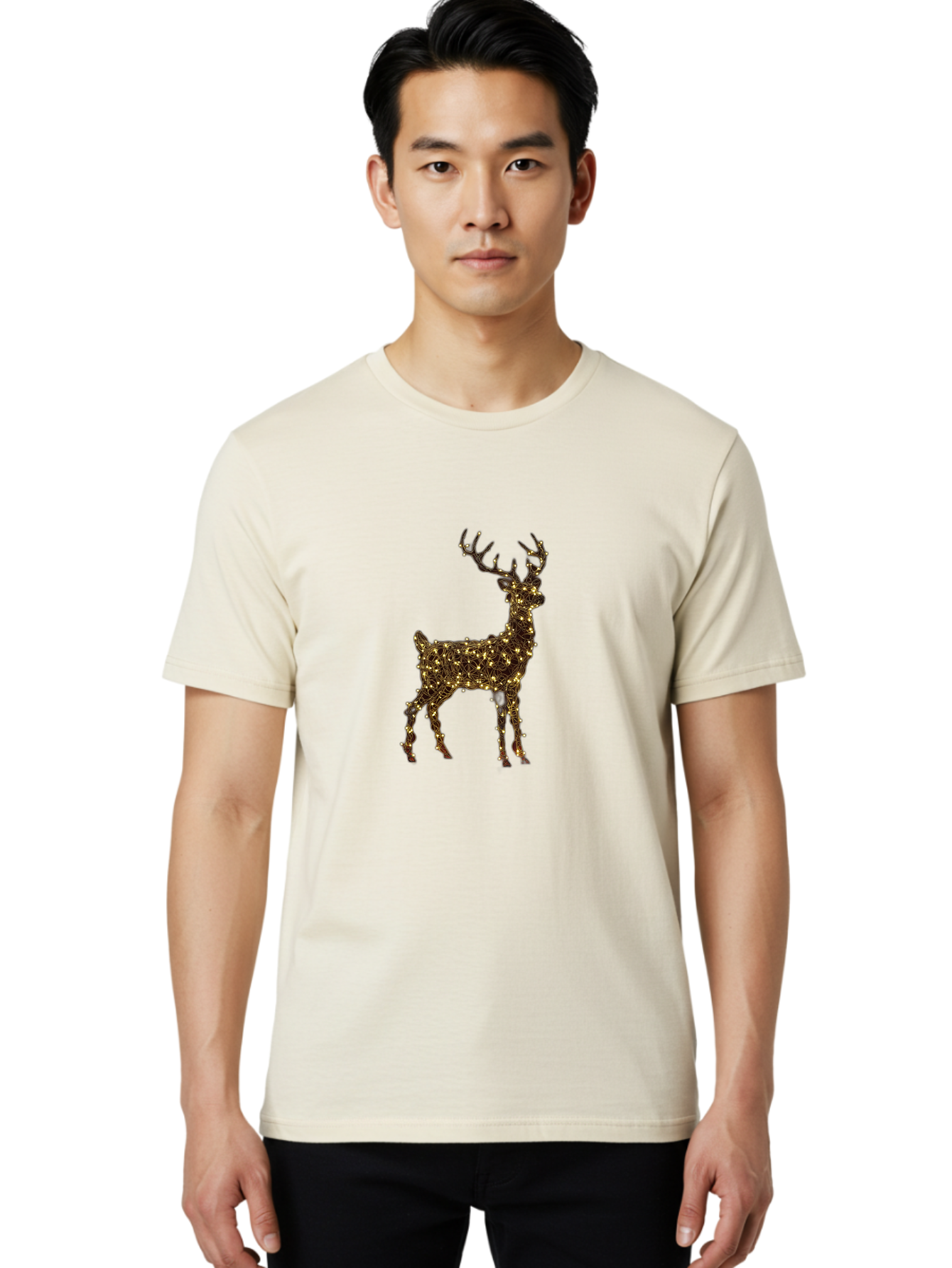 Reindeer Men'S Graphic Tee, 100% Cotton, Comfortable Casual Summer Wear, Machine Washable, Reindeer Decoration, Christmas Lights, Festive Decor, Holiday Display, Illuminated Reindeer, Christmas Reindeer, Winter Wonderland, Seasonal Decoration, Bac370 28