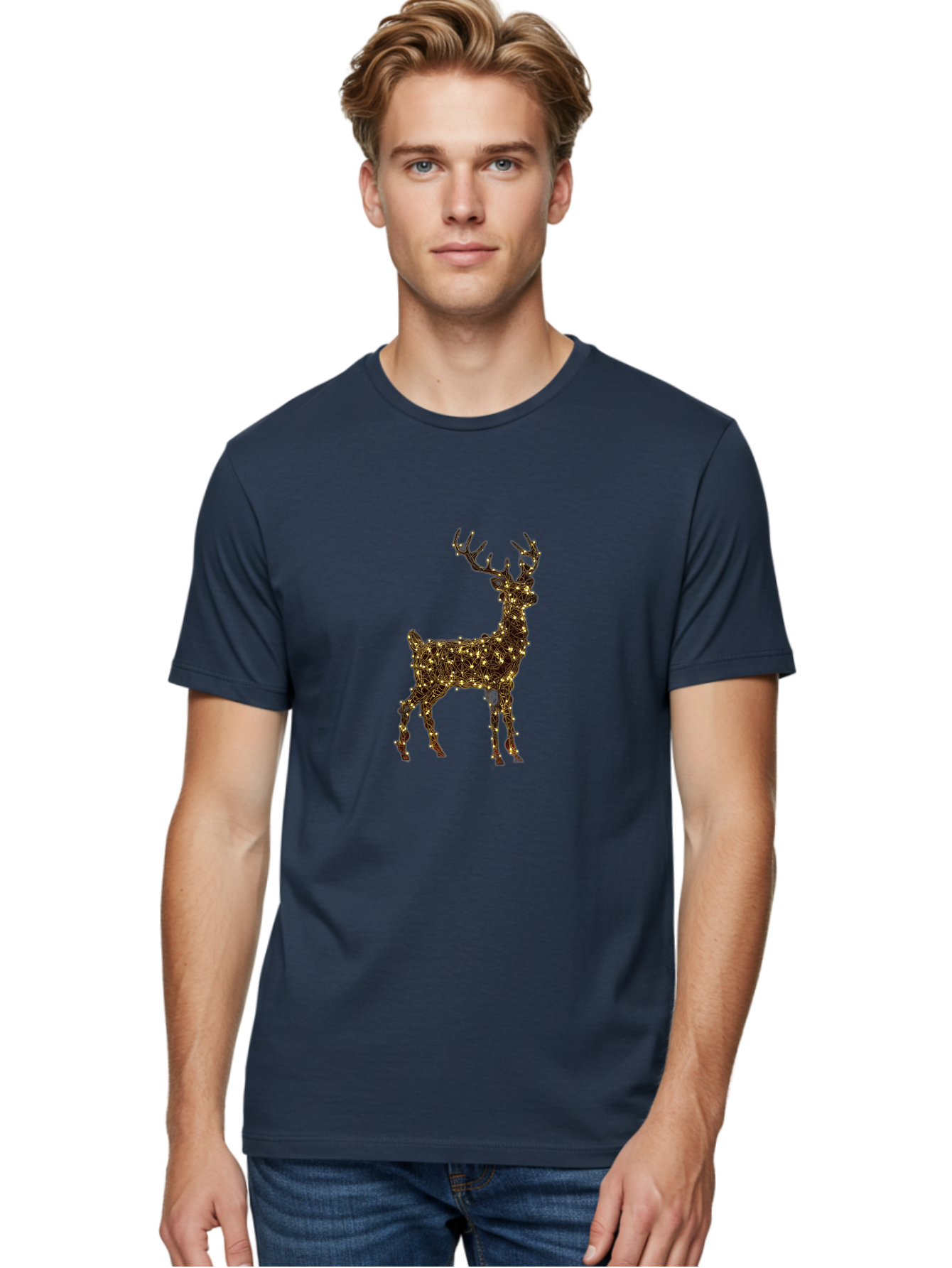 Reindeer Men'S Graphic Tee, 100% Cotton, Comfortable Casual Summer Wear, Machine Washable, Reindeer Decoration, Christmas Lights, Festive Decor, Holiday Display, Illuminated Reindeer, Christmas Reindeer, Winter Wonderland, Seasonal Decoration, Bac370 23