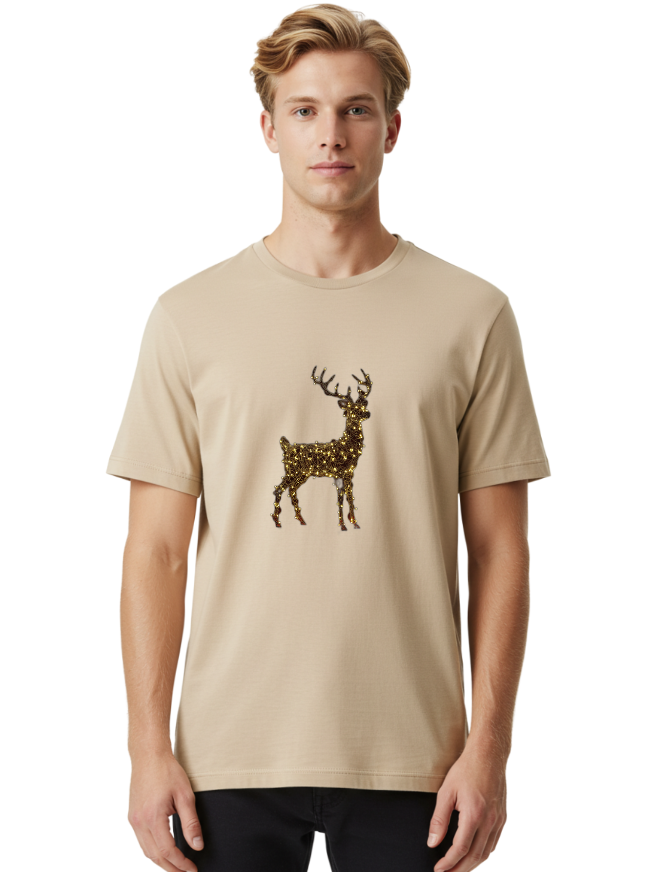 Reindeer Men'S Graphic Tee, 100% Cotton, Comfortable Casual Summer Wear, Machine Washable, Reindeer Decoration, Christmas Lights, Festive Decor, Holiday Display, Illuminated Reindeer, Christmas Reindeer, Winter Wonderland, Seasonal Decoration, Bac370 29