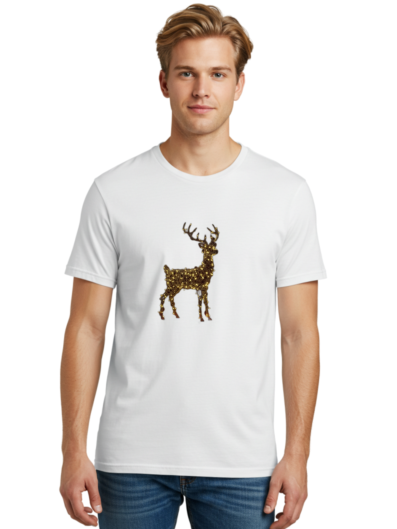 Reindeer Men'S Graphic Tee, 100% Cotton, Comfortable Casual Summer Wear, Machine Washable, Reindeer Decoration, Christmas Lights, Festive Decor, Holiday Display, Illuminated Reindeer, Christmas Reindeer, Winter Wonderland, Seasonal Decoration, Bac370 30