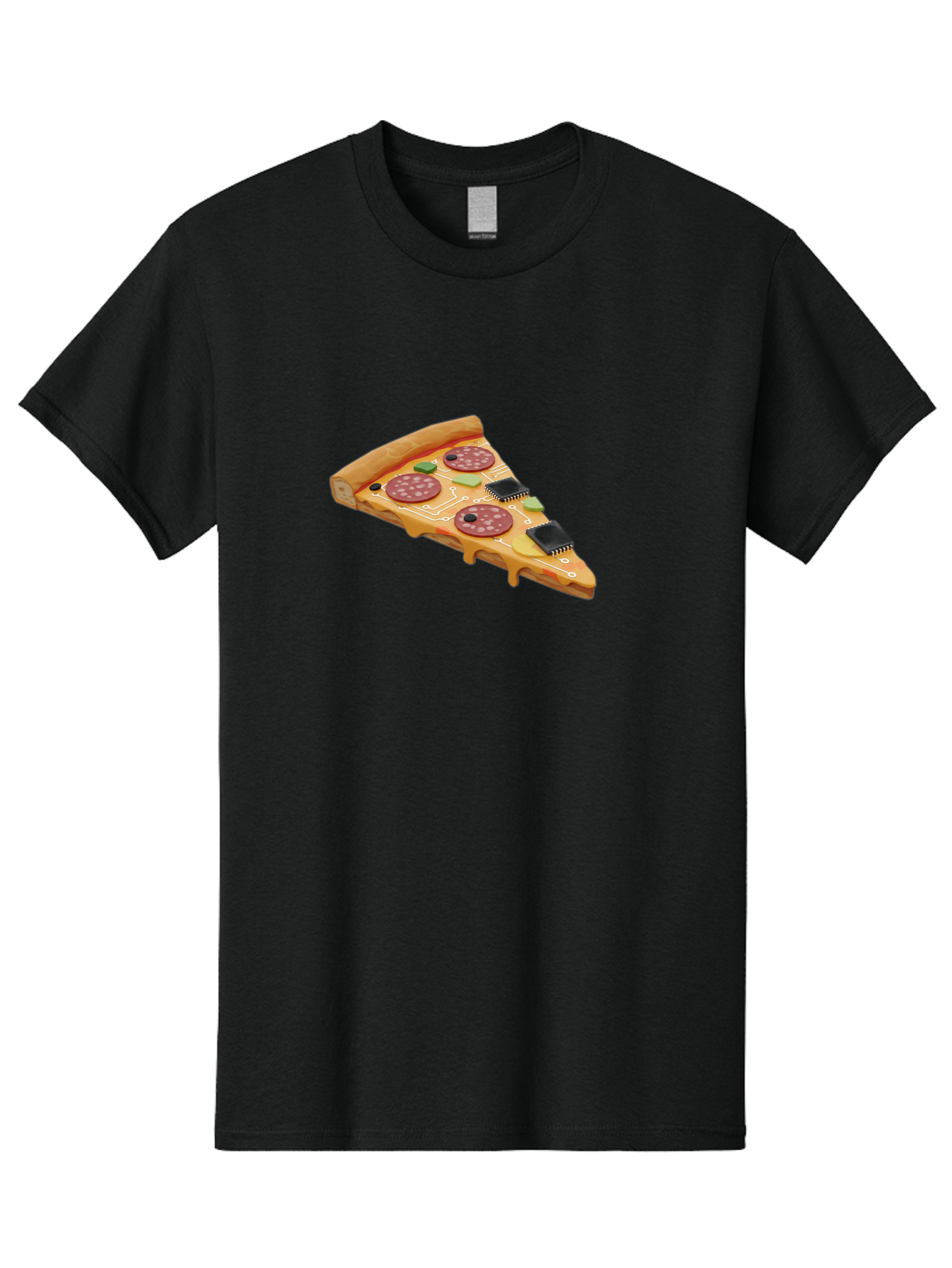 Robot-Pizza-Slice Men'S Graphic Tee, 100% Cotton, Comfortable Casual Summer Wear, Machine Washable, Pizza Slice With Circuit Board Toppings, Melted Cheese, Pepperoni, Green Capacitors, Wires, Electronic Components, Futuristic Food, Bac375 12