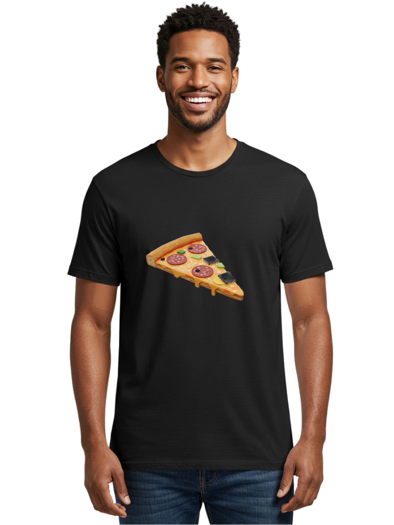 Robot-Pizza-Slice Men'S Graphic Tee, 100% Cotton, Comfortable Casual Summer Wear, Machine Washable, Pizza Slice With Circuit Board Toppings, Melted Cheese, Pepperoni, Green Capacitors, Wires, Electronic Components, Futuristic Food, Bac375 27