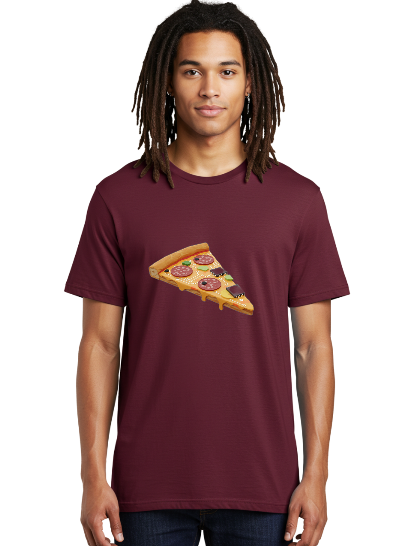 Robot-Pizza-Slice Men'S Graphic Tee, 100% Cotton, Comfortable Casual Summer Wear, Machine Washable, Pizza Slice With Circuit Board Toppings, Melted Cheese, Pepperoni, Green Capacitors, Wires, Electronic Components, Futuristic Food, Bac375 26