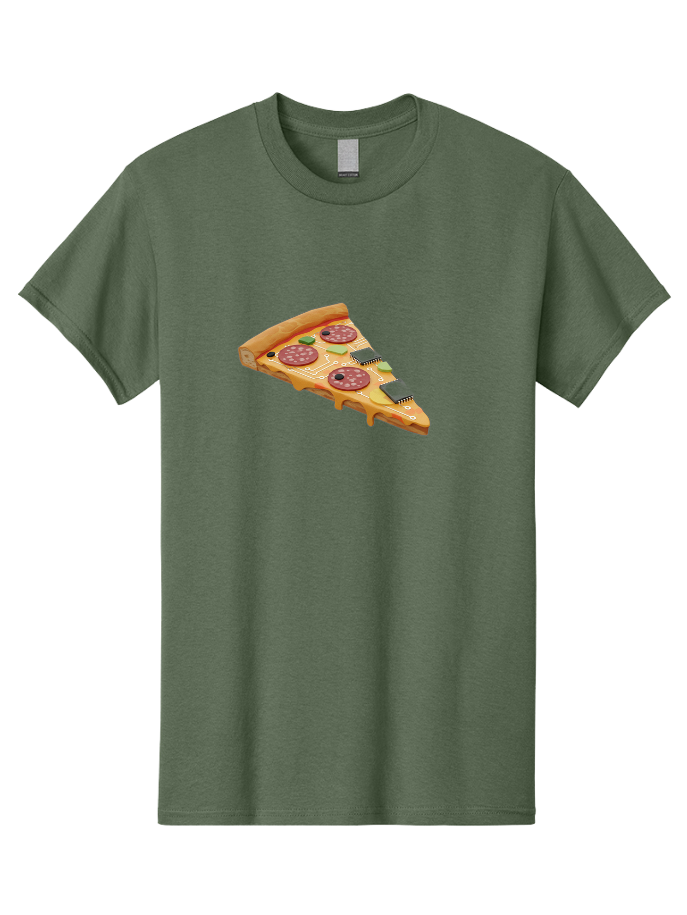 Robot-Pizza-Slice Men'S Graphic Tee, 100% Cotton, Comfortable Casual Summer Wear, Machine Washable, Pizza Slice With Circuit Board Toppings, Melted Cheese, Pepperoni, Green Capacitors, Wires, Electronic Components, Futuristic Food, Bac375 13