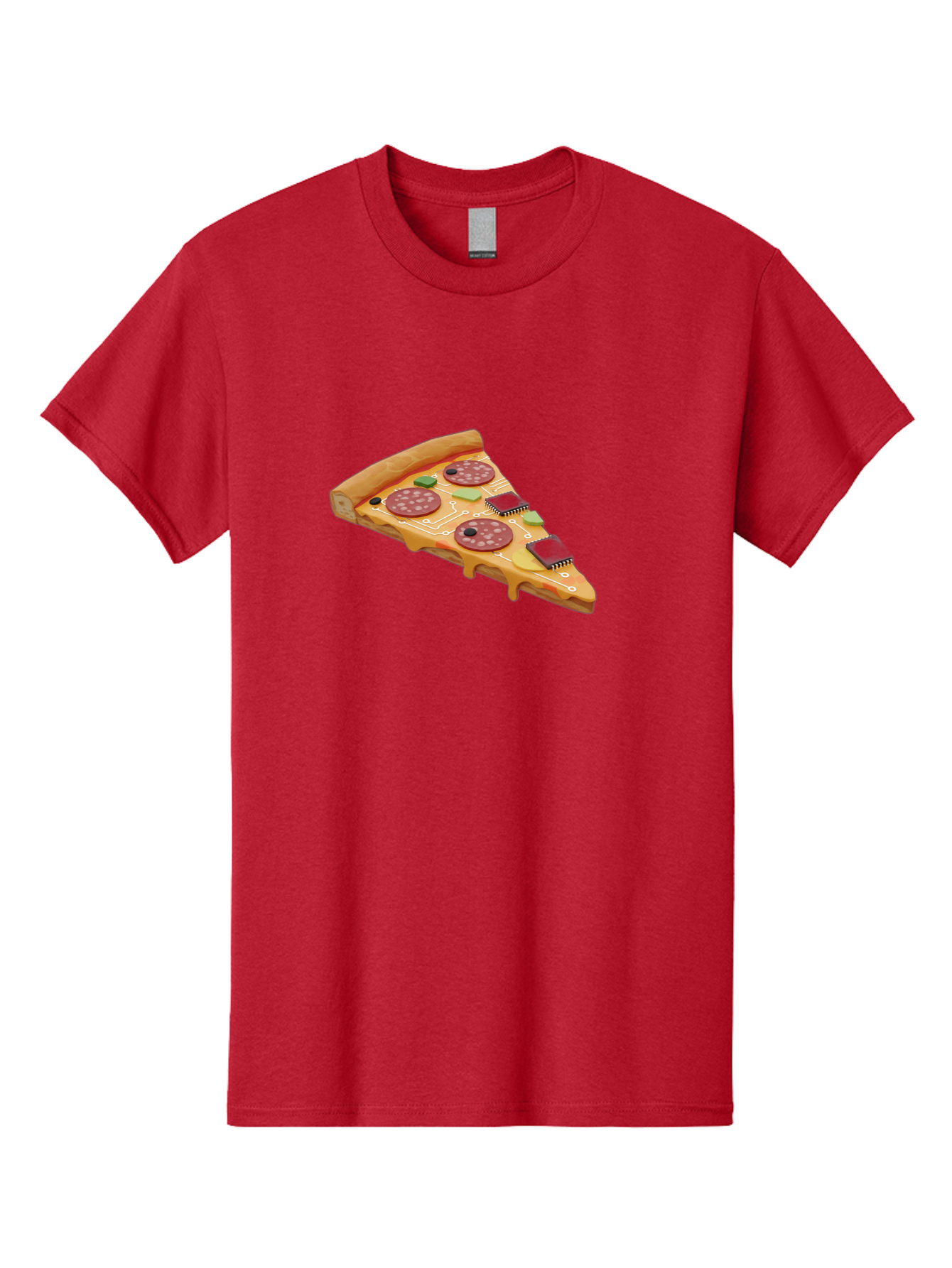 Robot-Pizza-Slice Men'S Graphic Tee, 100% Cotton, Comfortable Casual Summer Wear, Machine Washable, Pizza Slice With Circuit Board Toppings, Melted Cheese, Pepperoni, Green Capacitors, Wires, Electronic Components, Futuristic Food, Bac375 2