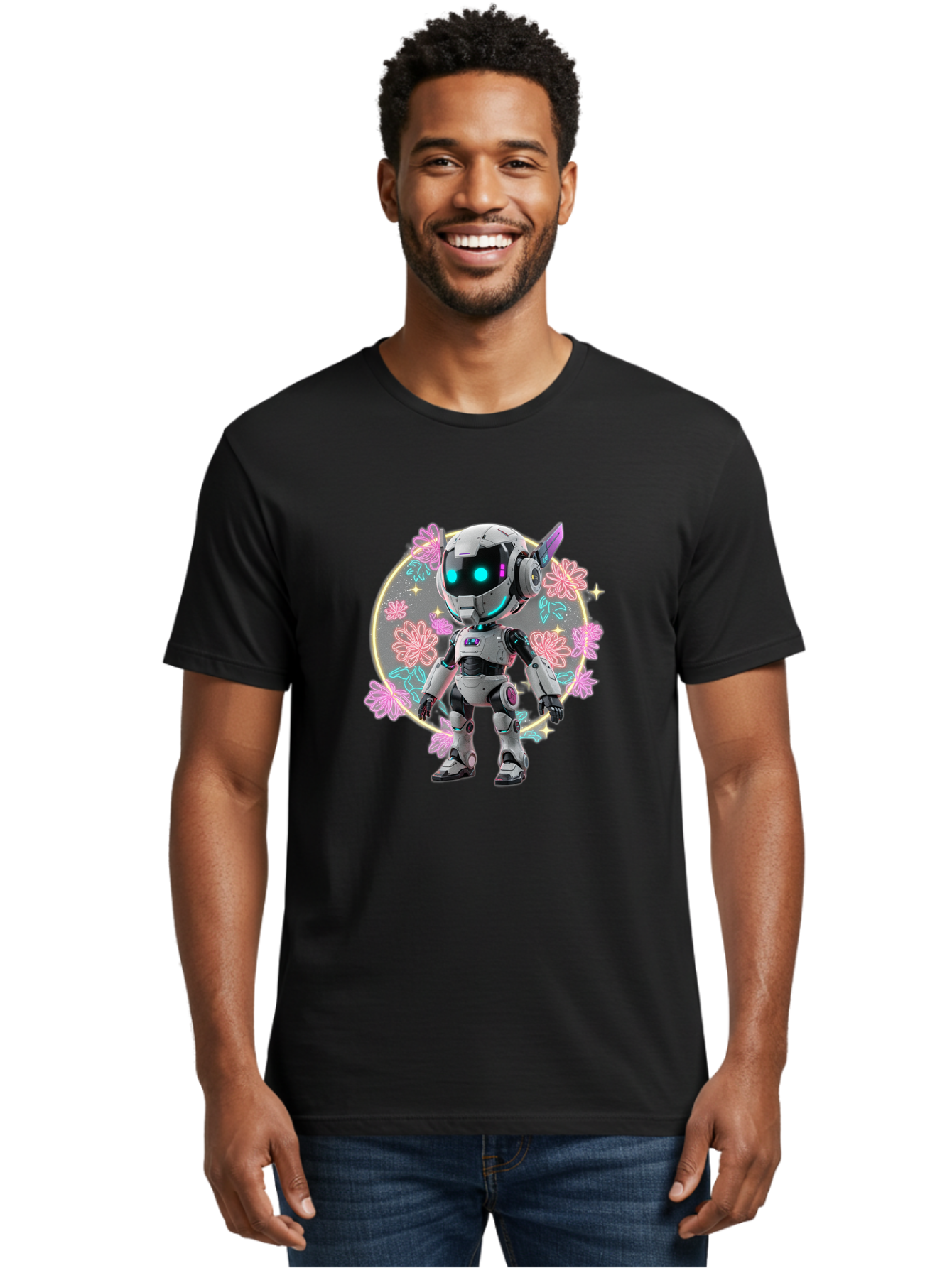Robot-Surrounded-By-Flowers Men'S Graphic Tee, 100% Cotton, Comfortable Casual Summer Wear, Machine Washable, Futuristic Robot, Robotic Character, Artificial Intelligence, Neon Lights, Metallic Body, Glowing Blue Eyes, Floral Decorations, Bac376 19