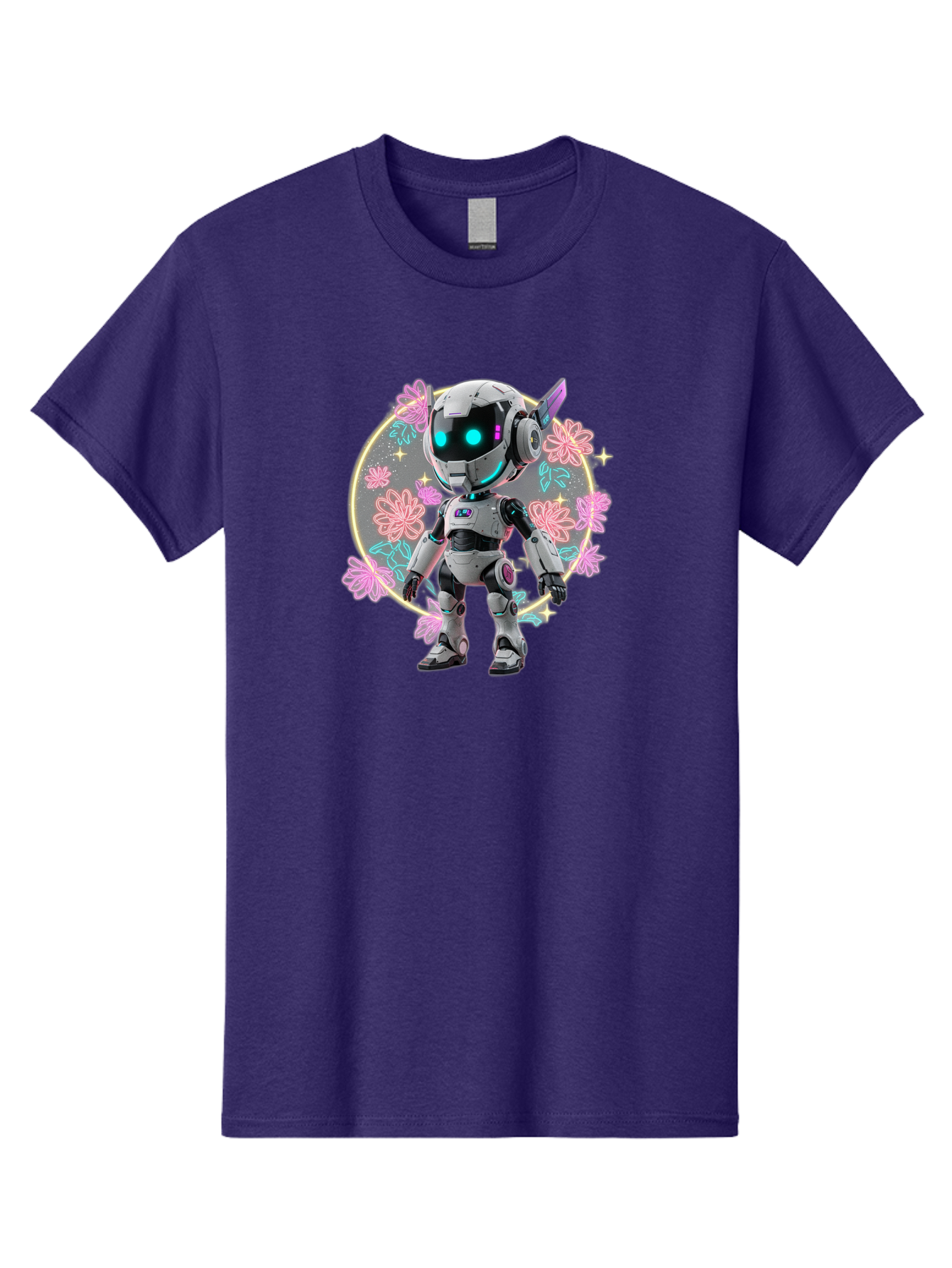 Robot-Surrounded-By-Flowers Men'S Graphic Tee, 100% Cotton, Comfortable Casual Summer Wear, Machine Washable, Futuristic Robot, Robotic Character, Artificial Intelligence, Neon Lights, Metallic Body, Glowing Blue Eyes, Floral Decorations, Bac376 10