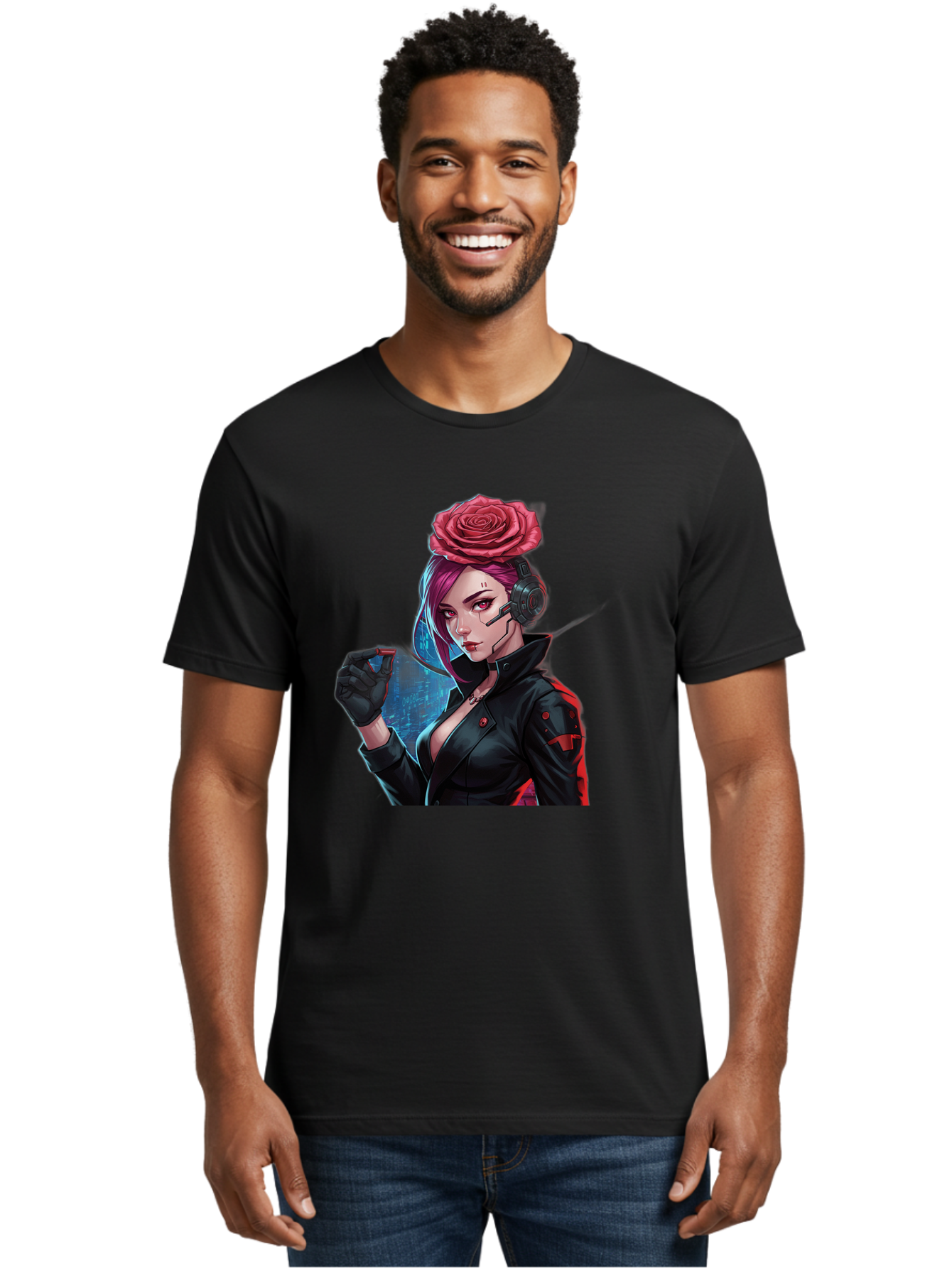 Rose-Girl Men'S Graphic Tee, 100% Cotton, Comfortable Casual Summer Wear, Machine Washable, Pink Hair, Red Rose, Black Leather Jacket, Cyberpunk Style, Futuristic Fashion, Gaming Character, League Of Legends, Esports, K/Da Akali Bac378 28