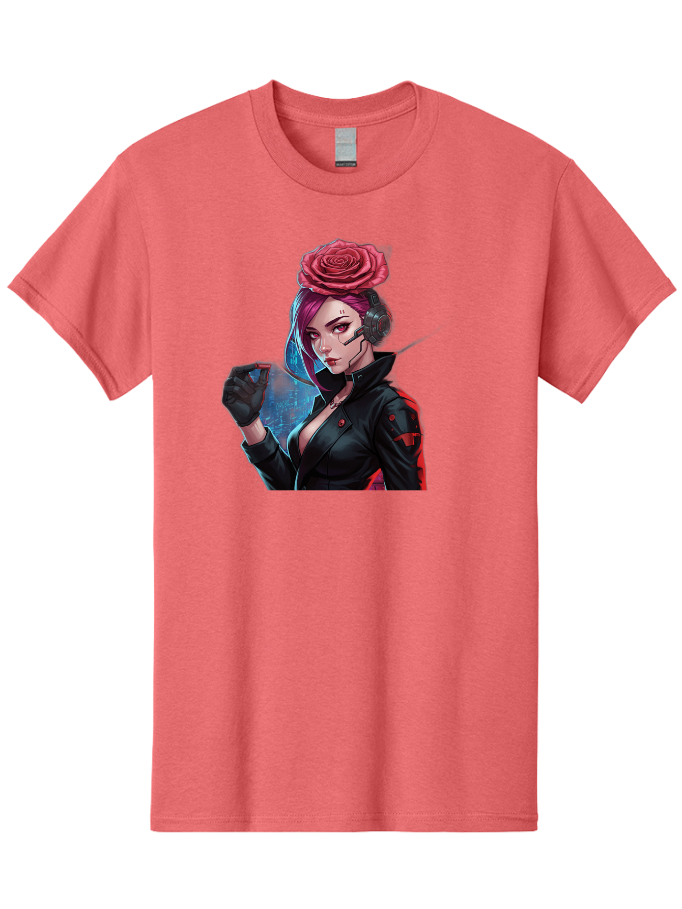 Rose-Girl Men'S Graphic Tee, 100% Cotton, Comfortable Casual Summer Wear, Machine Washable, Pink Hair, Red Rose, Black Leather Jacket, Cyberpunk Style, Futuristic Fashion, Gaming Character, League Of Legends, Esports, K/Da Akali Bac378 4