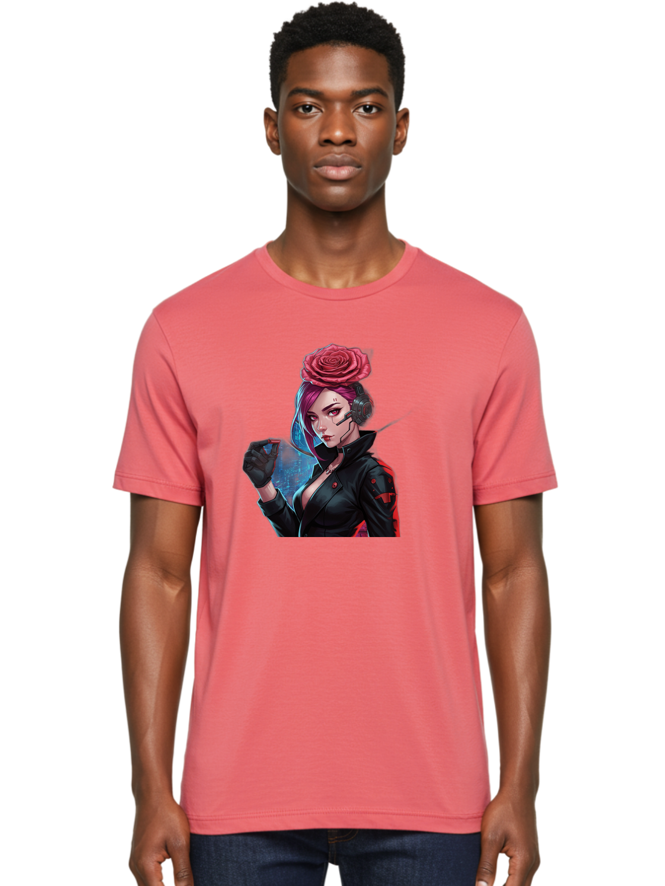 Rose-Girl Men'S Graphic Tee, 100% Cotton, Comfortable Casual Summer Wear, Machine Washable, Pink Hair, Red Rose, Black Leather Jacket, Cyberpunk Style, Futuristic Fashion, Gaming Character, League Of Legends, Esports, K/Da Akali Bac378 19