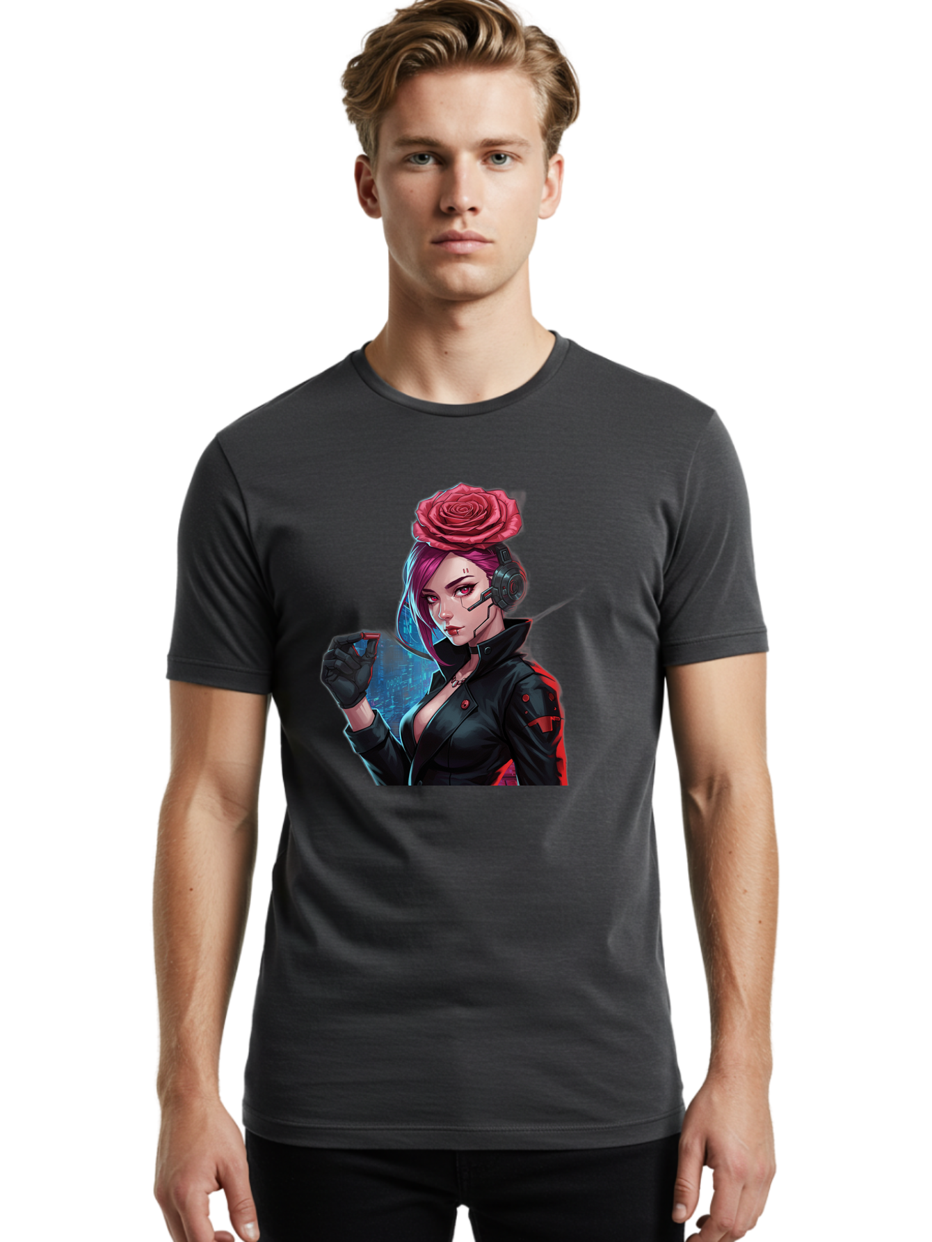 Rose-Girl Men'S Graphic Tee, 100% Cotton, Comfortable Casual Summer Wear, Machine Washable, Pink Hair, Red Rose, Black Leather Jacket, Cyberpunk Style, Futuristic Fashion, Gaming Character, League Of Legends, Esports, K/Da Akali Bac378 26