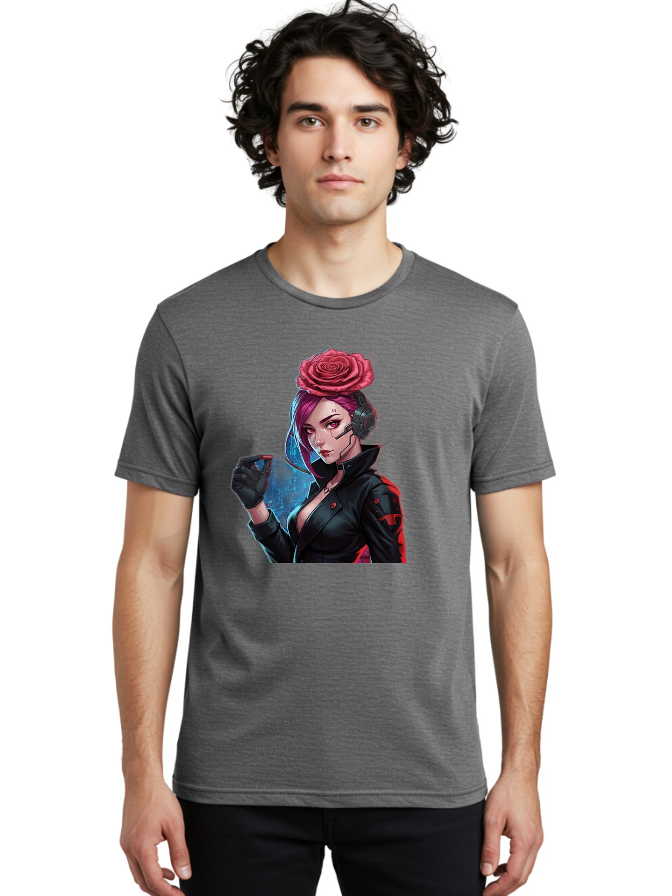 Rose-Girl Men'S Graphic Tee, 100% Cotton, Comfortable Casual Summer Wear, Machine Washable, Pink Hair, Red Rose, Black Leather Jacket, Cyberpunk Style, Futuristic Fashion, Gaming Character, League Of Legends, Esports, K/Da Akali Bac378 17