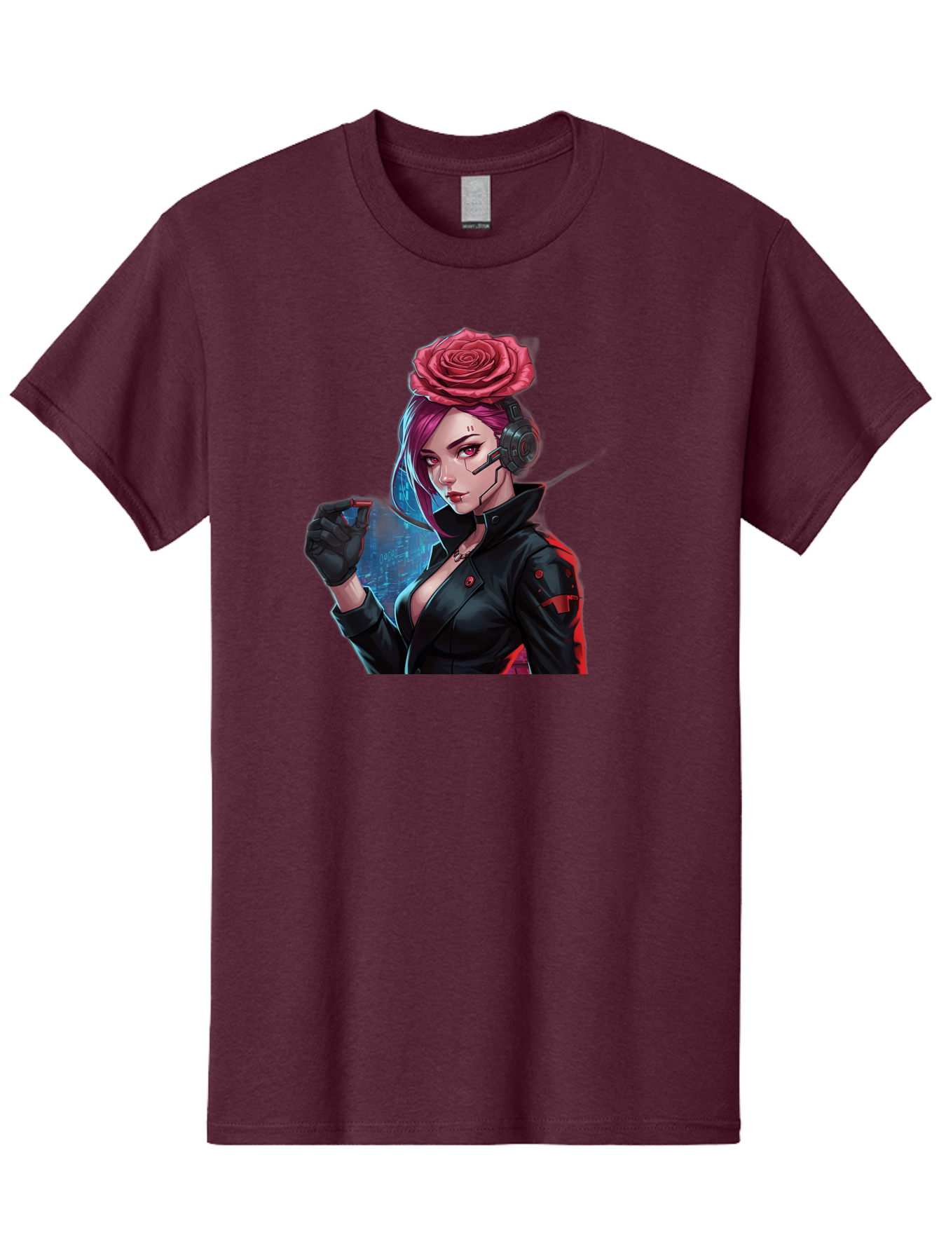 Rose-Girl Men'S Graphic Tee, 100% Cotton, Comfortable Casual Summer Wear, Machine Washable, Pink Hair, Red Rose, Black Leather Jacket, Cyberpunk Style, Futuristic Fashion, Gaming Character, League Of Legends, Esports, K/Da Akali Bac378 1