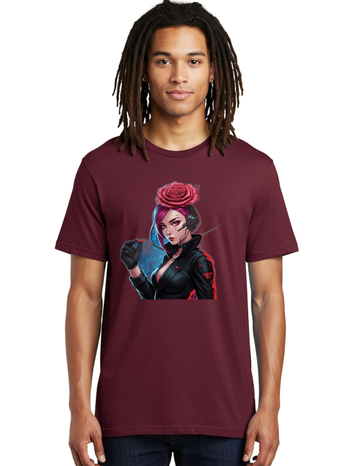 Rose-Girl Men'S Graphic Tee, 100% Cotton, Comfortable Casual Summer Wear, Machine Washable, Pink Hair, Red Rose, Black Leather Jacket, Cyberpunk Style, Futuristic Fashion, Gaming Character, League Of Legends, Esports, K/Da Akali Bac378 16