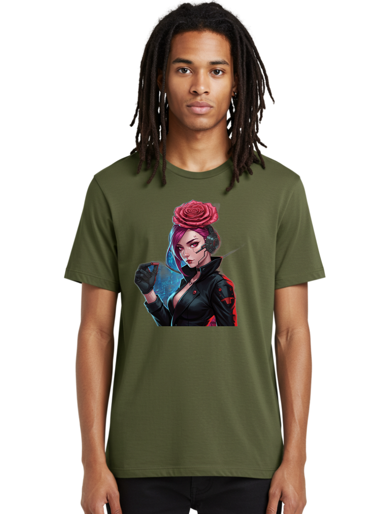Rose-Girl Men'S Graphic Tee, 100% Cotton, Comfortable Casual Summer Wear, Machine Washable, Pink Hair, Red Rose, Black Leather Jacket, Cyberpunk Style, Futuristic Fashion, Gaming Character, League Of Legends, Esports, K/Da Akali Bac378 24