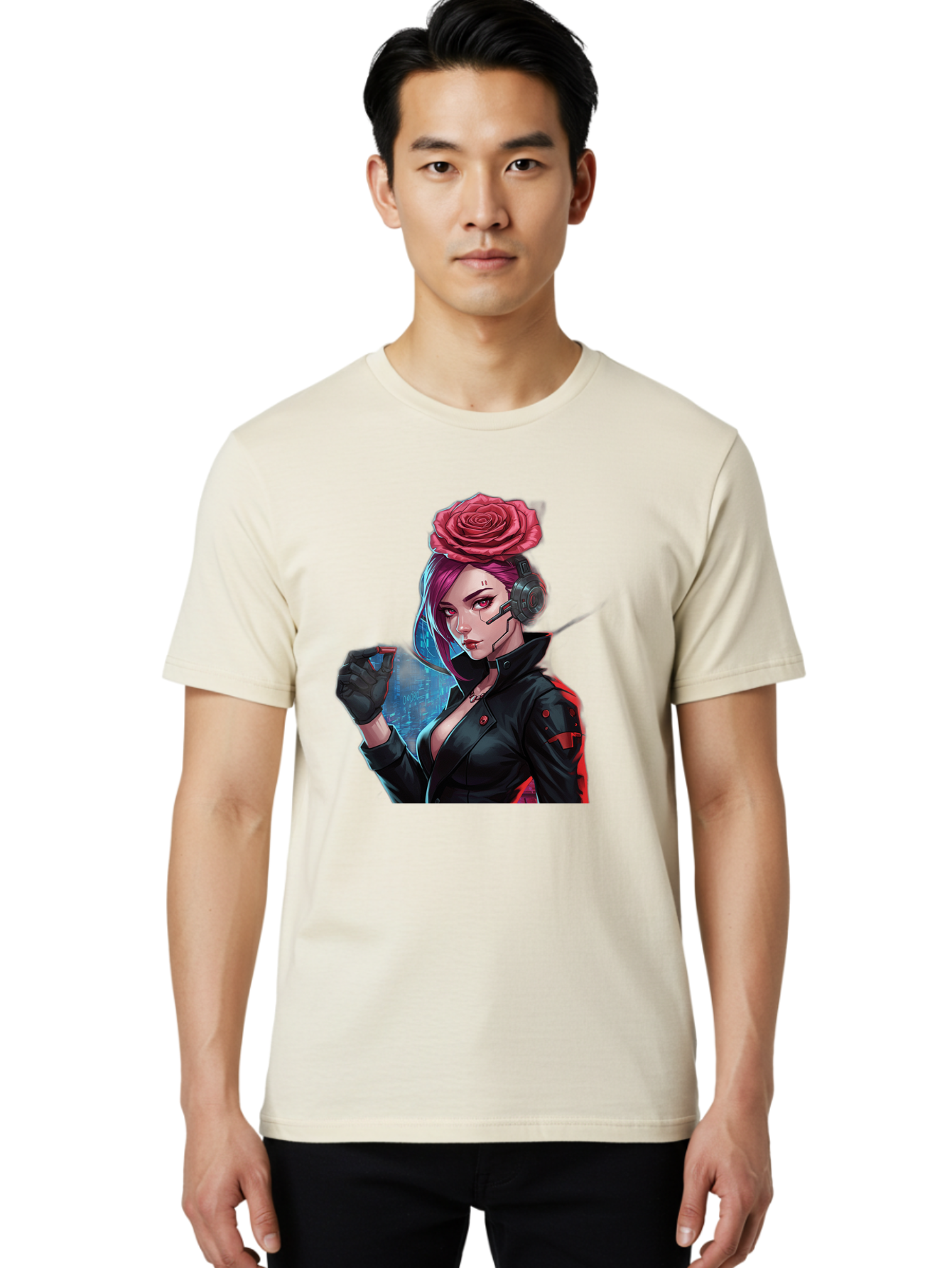 Rose-Girl Men'S Graphic Tee, 100% Cotton, Comfortable Casual Summer Wear, Machine Washable, Pink Hair, Red Rose, Black Leather Jacket, Cyberpunk Style, Futuristic Fashion, Gaming Character, League Of Legends, Esports, K/Da Akali Bac378 21