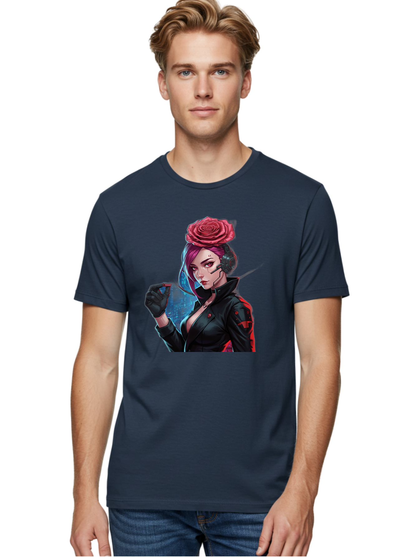 Rose-Girl Men'S Graphic Tee, 100% Cotton, Comfortable Casual Summer Wear, Machine Washable, Pink Hair, Red Rose, Black Leather Jacket, Cyberpunk Style, Futuristic Fashion, Gaming Character, League Of Legends, Esports, K/Da Akali Bac378 23