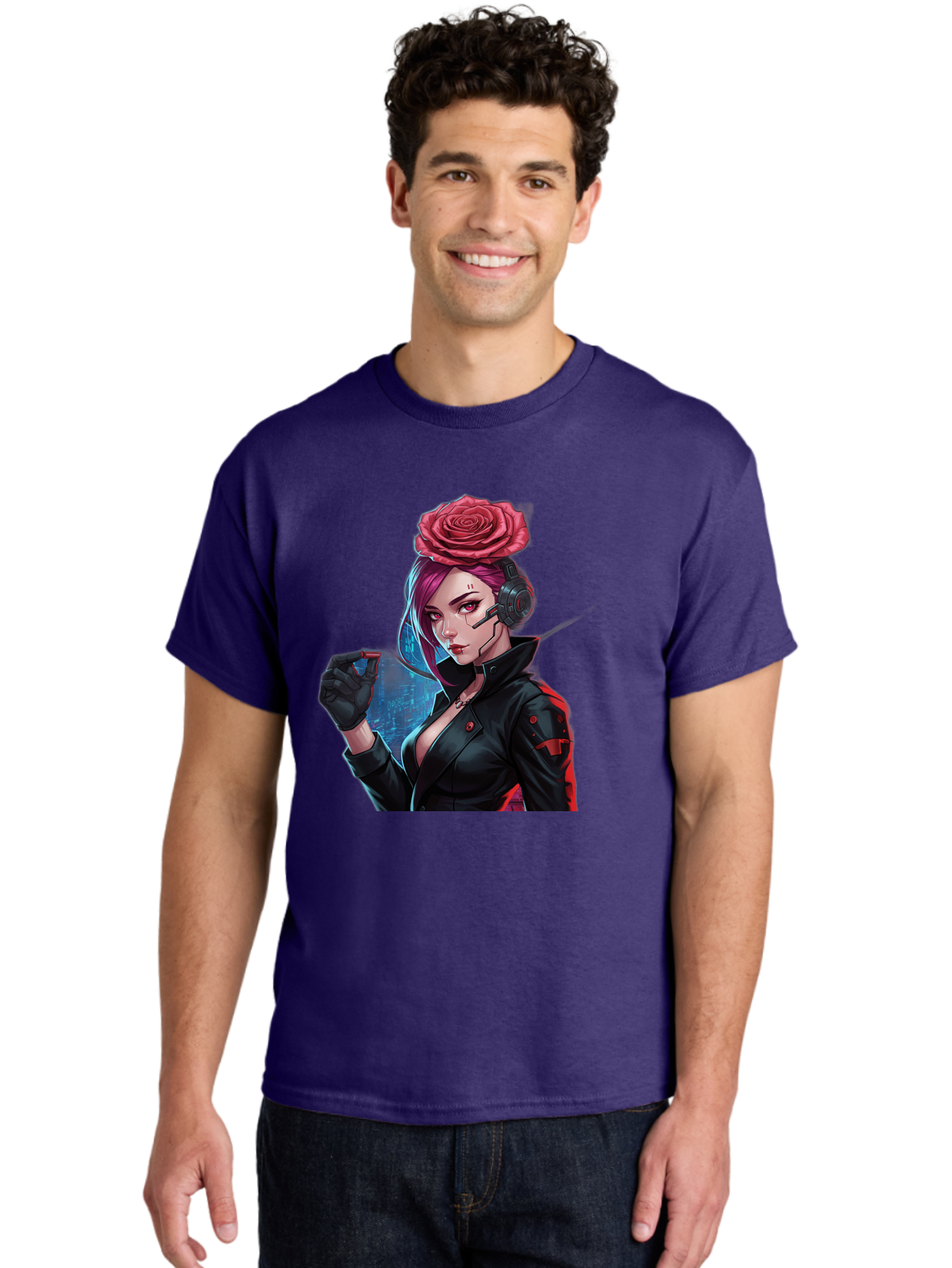 Rose-Girl Men'S Graphic Tee, 100% Cotton, Comfortable Casual Summer Wear, Machine Washable, Pink Hair, Red Rose, Black Leather Jacket, Cyberpunk Style, Futuristic Fashion, Gaming Character, League Of Legends, Esports, K/Da Akali Bac378 30