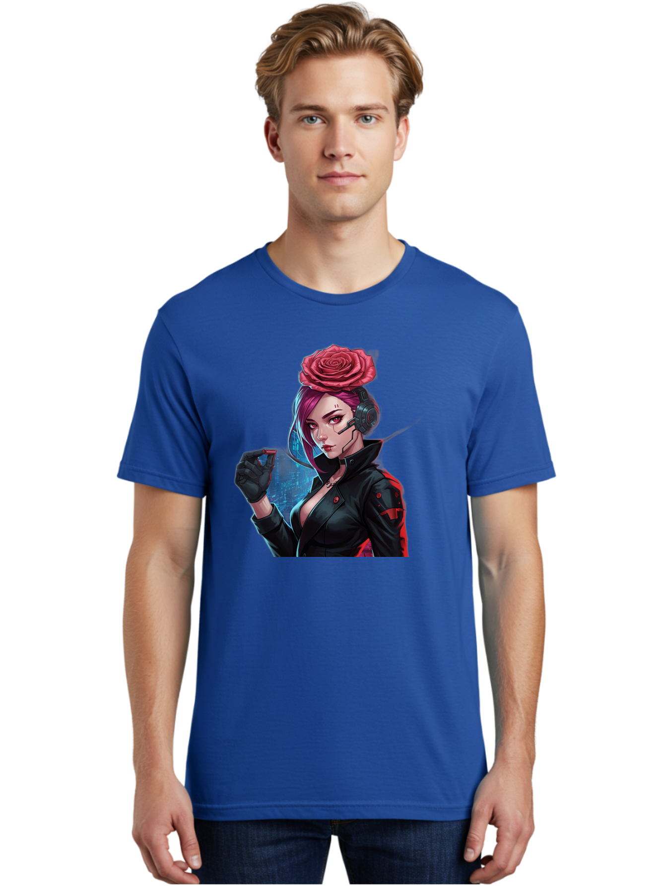 Rose-Girl Men'S Graphic Tee, 100% Cotton, Comfortable Casual Summer Wear, Machine Washable, Pink Hair, Red Rose, Black Leather Jacket, Cyberpunk Style, Futuristic Fashion, Gaming Character, League Of Legends, Esports, K/Da Akali Bac378 29