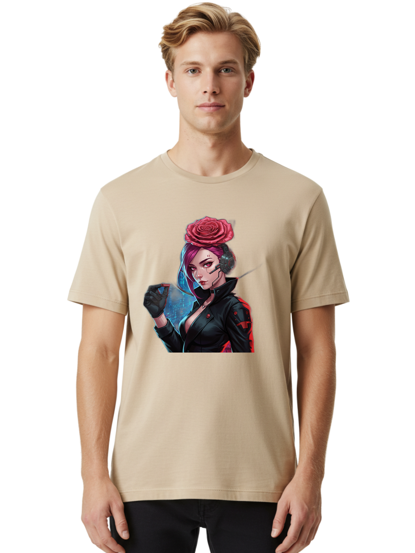 Rose-Girl Men'S Graphic Tee, 100% Cotton, Comfortable Casual Summer Wear, Machine Washable, Pink Hair, Red Rose, Black Leather Jacket, Cyberpunk Style, Futuristic Fashion, Gaming Character, League Of Legends, Esports, K/Da Akali Bac378 25
